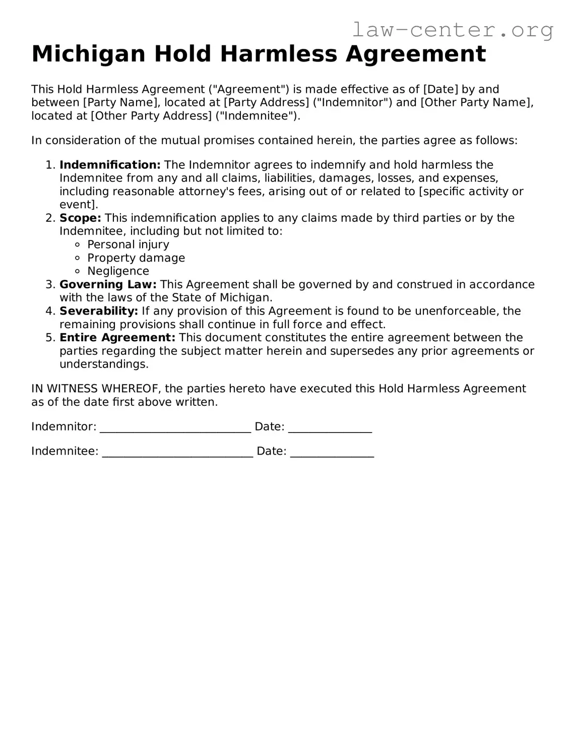 Attorney-Approved Michigan Hold Harmless Agreement Document