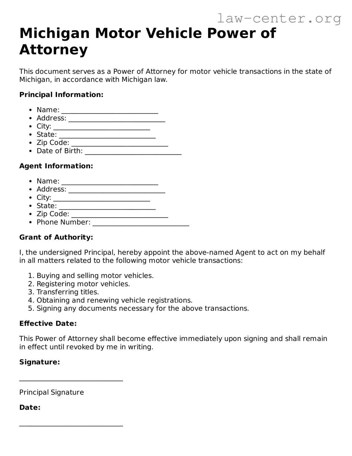 Attorney-Approved Michigan Motor Vehicle Power of Attorney Document