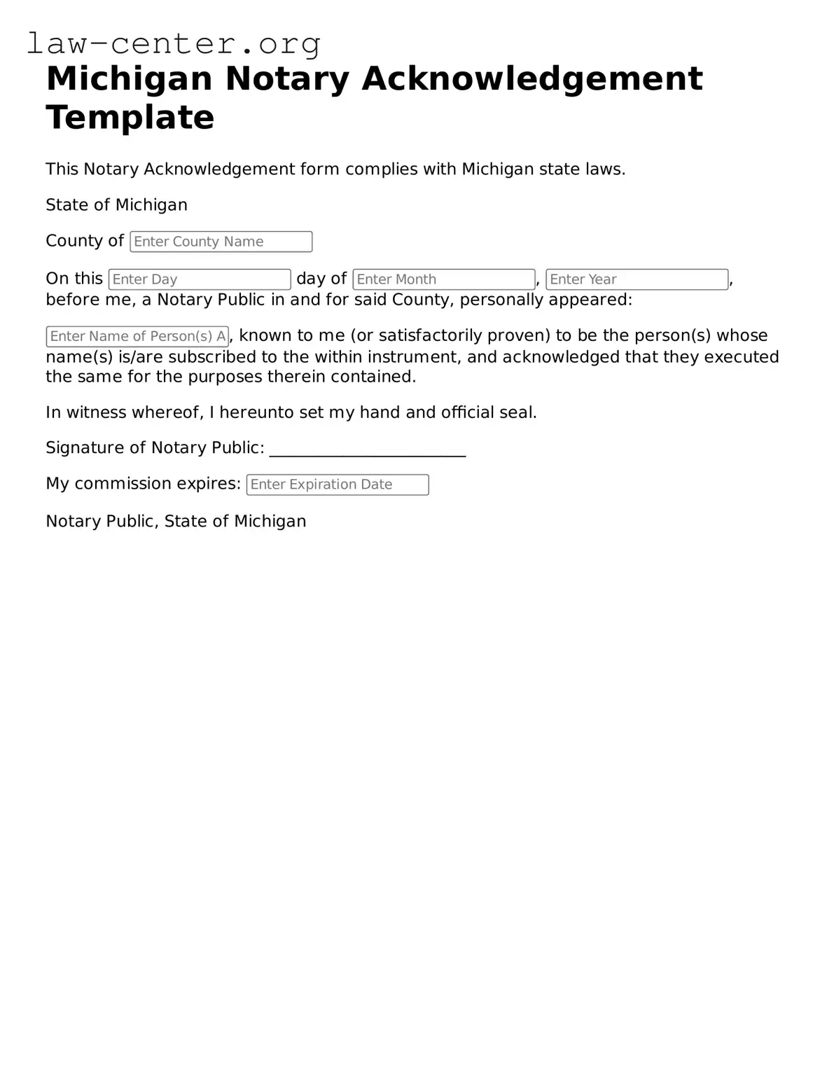 Attorney-Approved Michigan Notary Acknowledgement Document