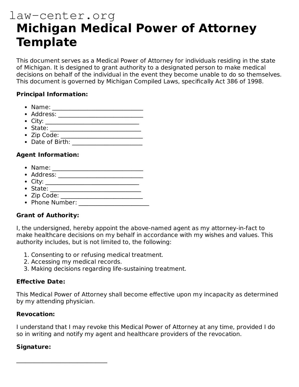 Attorney-Approved Michigan Medical Power of Attorney Document