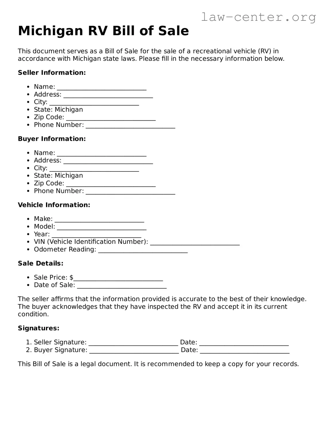 Attorney-Approved Michigan RV Bill of Sale Document