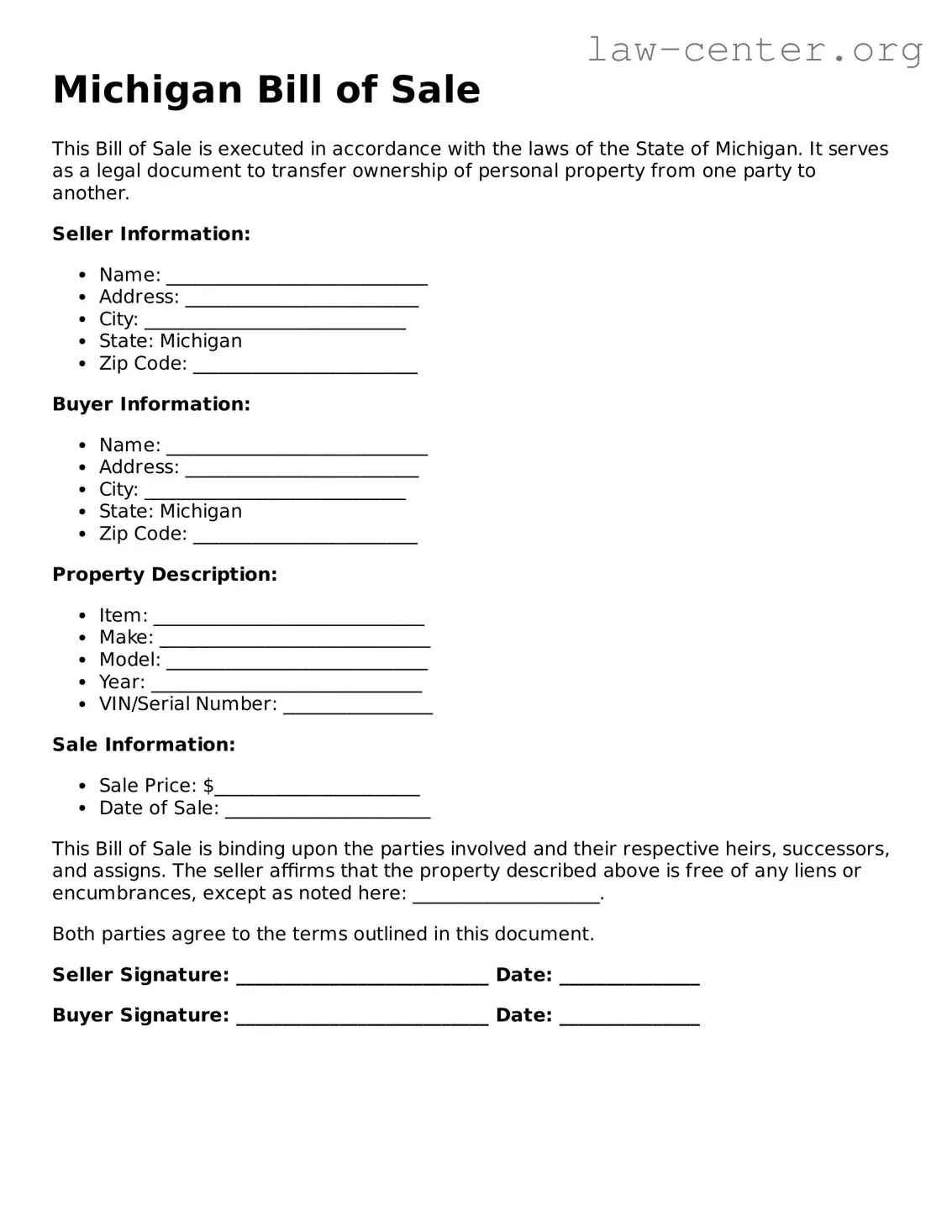 Attorney-Approved Michigan Bill of Sale Document