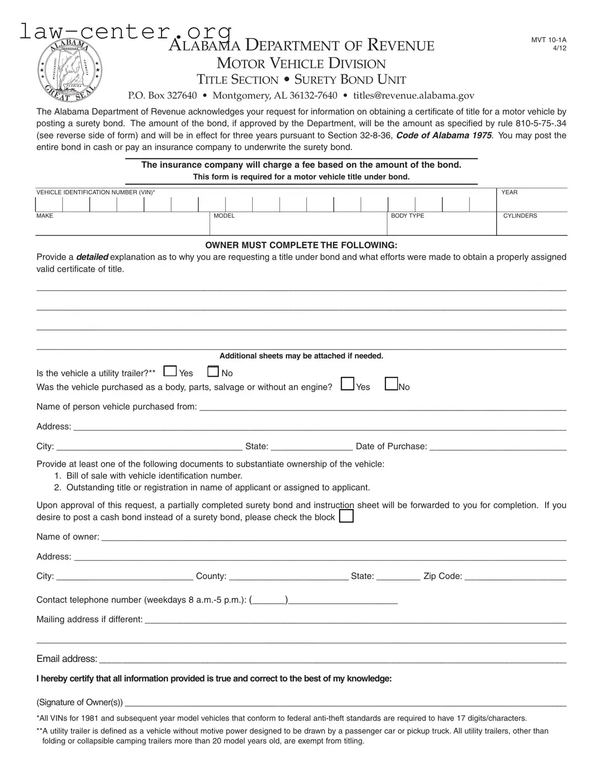 Get Alabama Mvt 10 1A Form