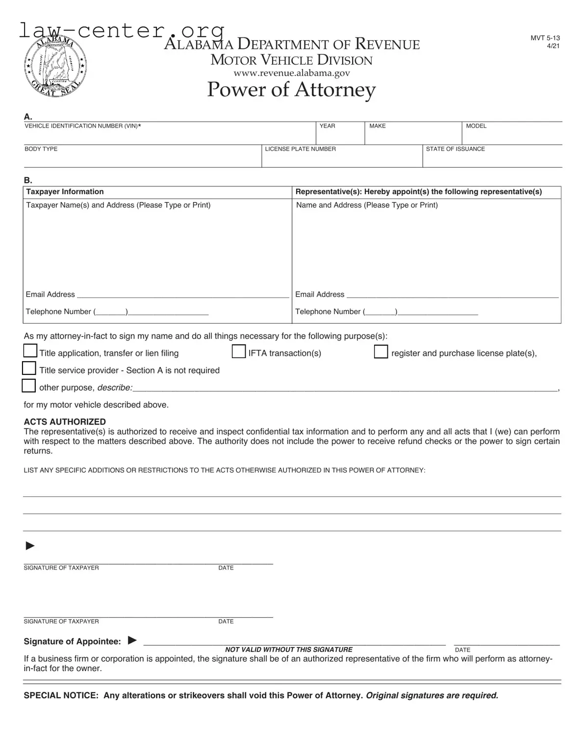 Get Alabama Vehicle POA MVT 5-13 (Rev 09-19) Form