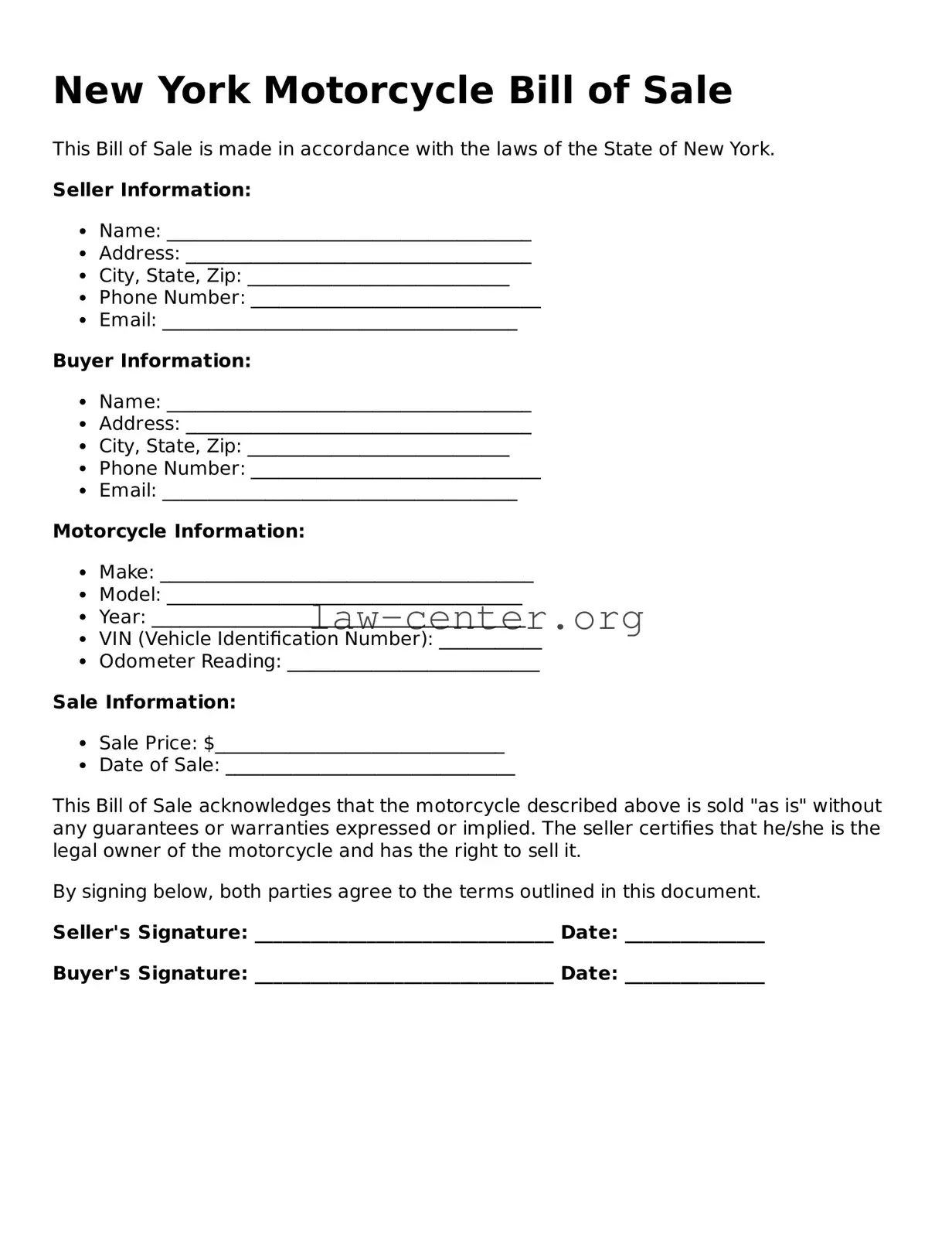 Attorney-Approved New York Motorcycle Bill of Sale Document
