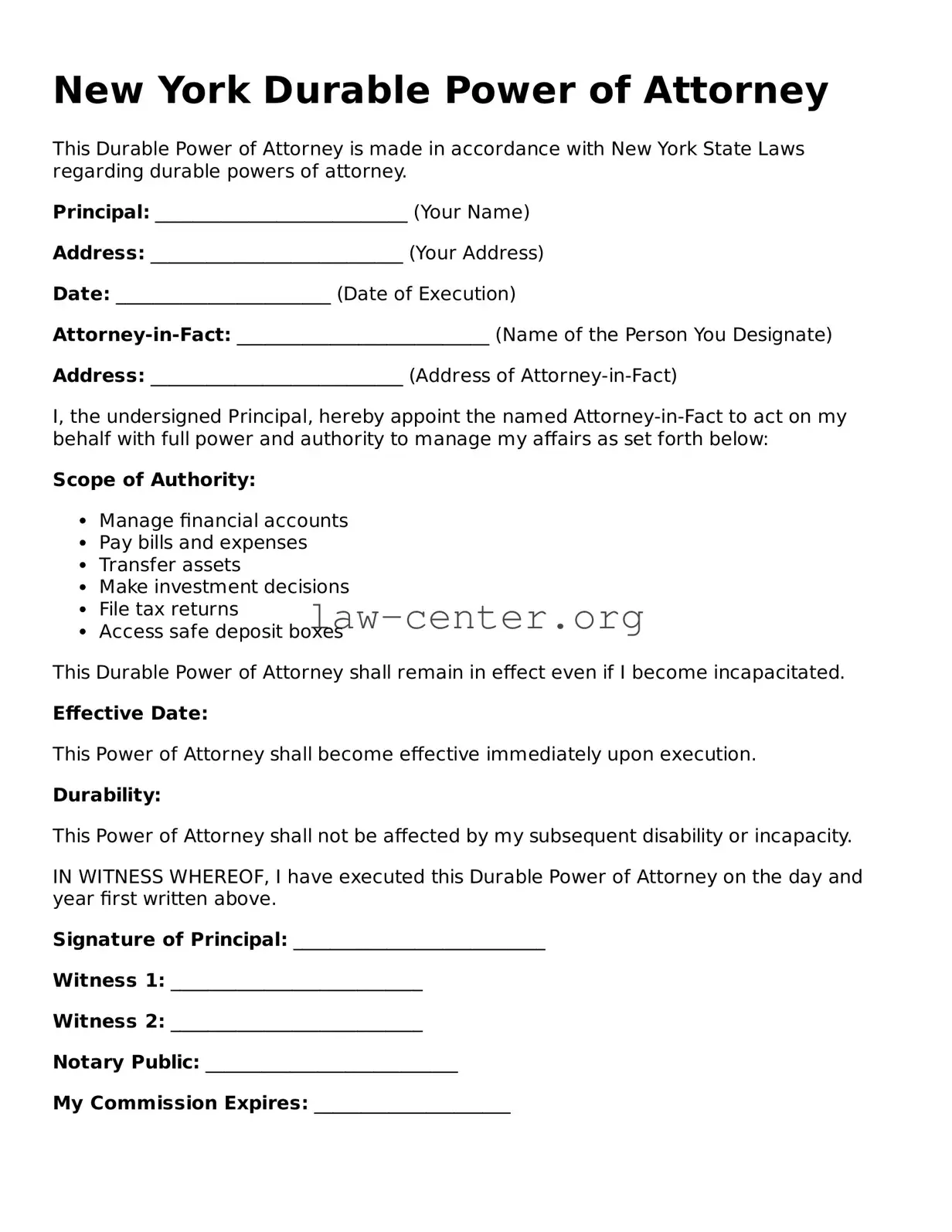 Attorney-Approved New York Durable Power of Attorney Document