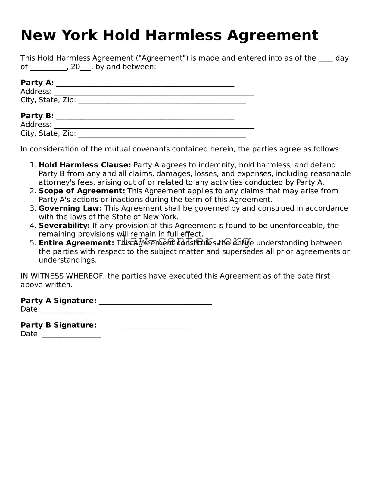 Attorney-Approved New York Hold Harmless Agreement Document