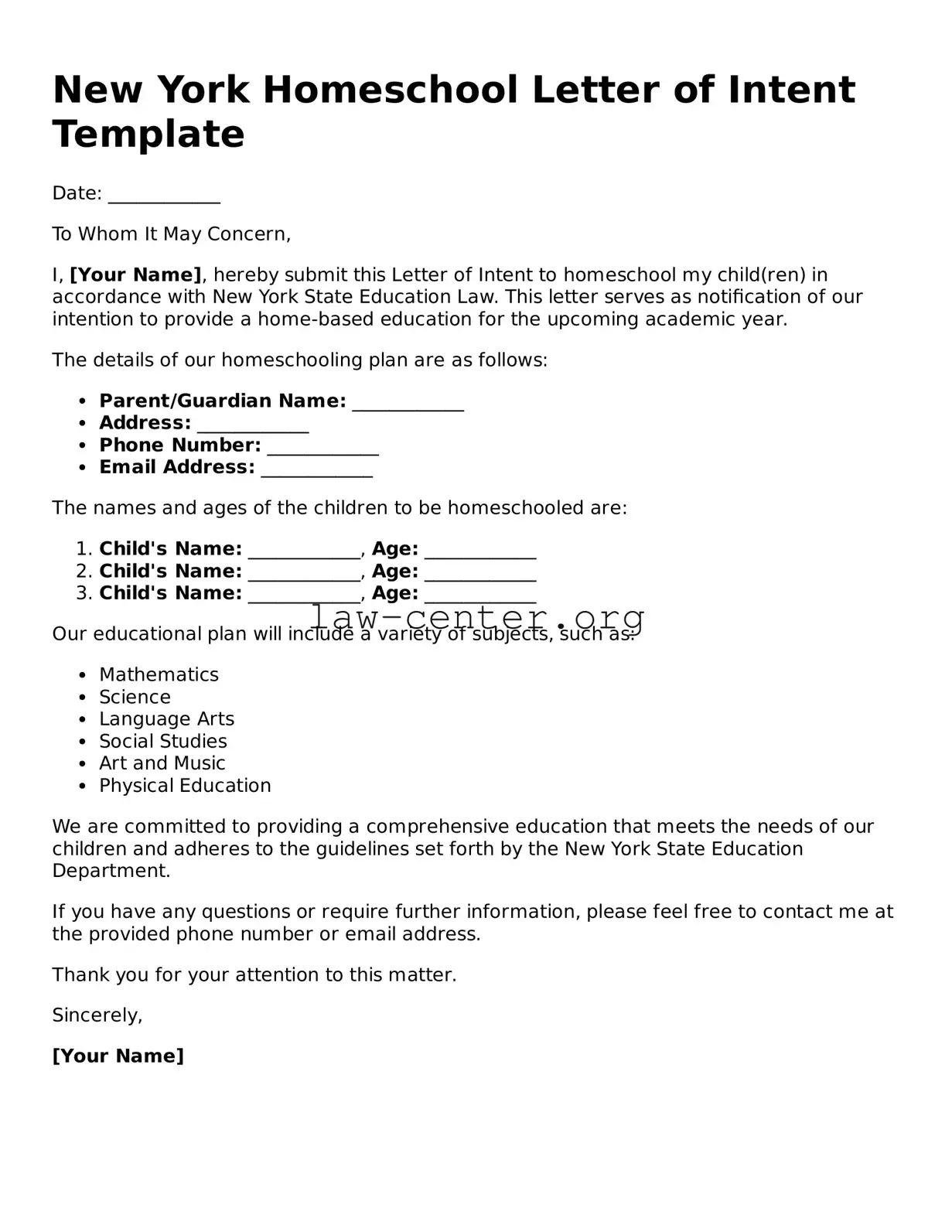 Attorney-Approved New York Homeschool Letter of Intent Document