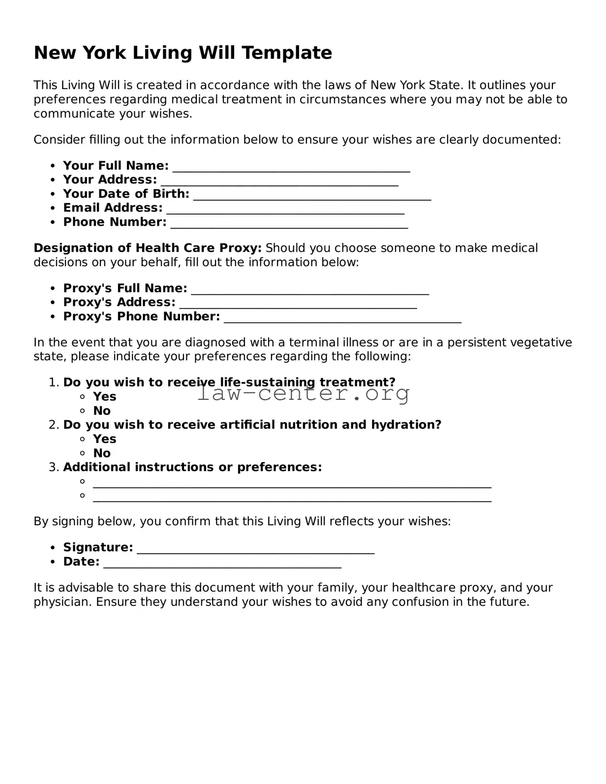 Attorney-Approved New York Living Will Document