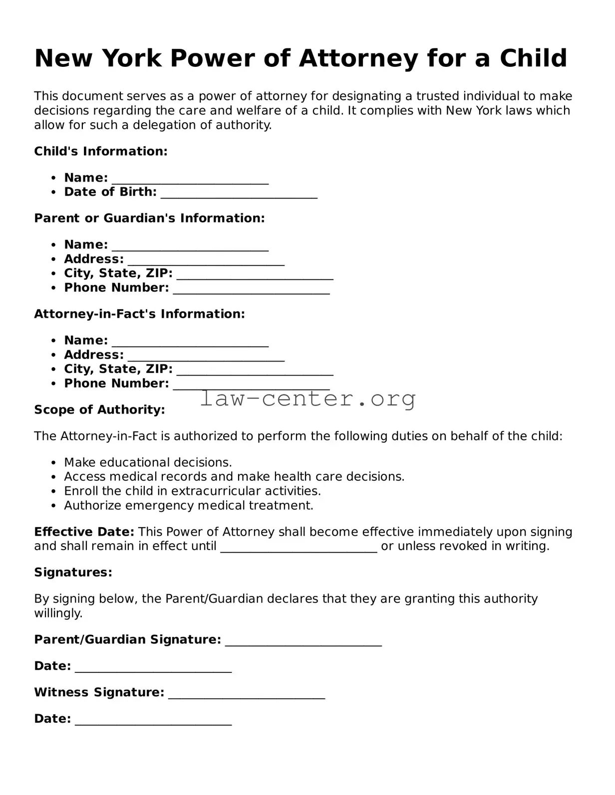 Attorney-Approved New York Power of Attorney for a Child Document