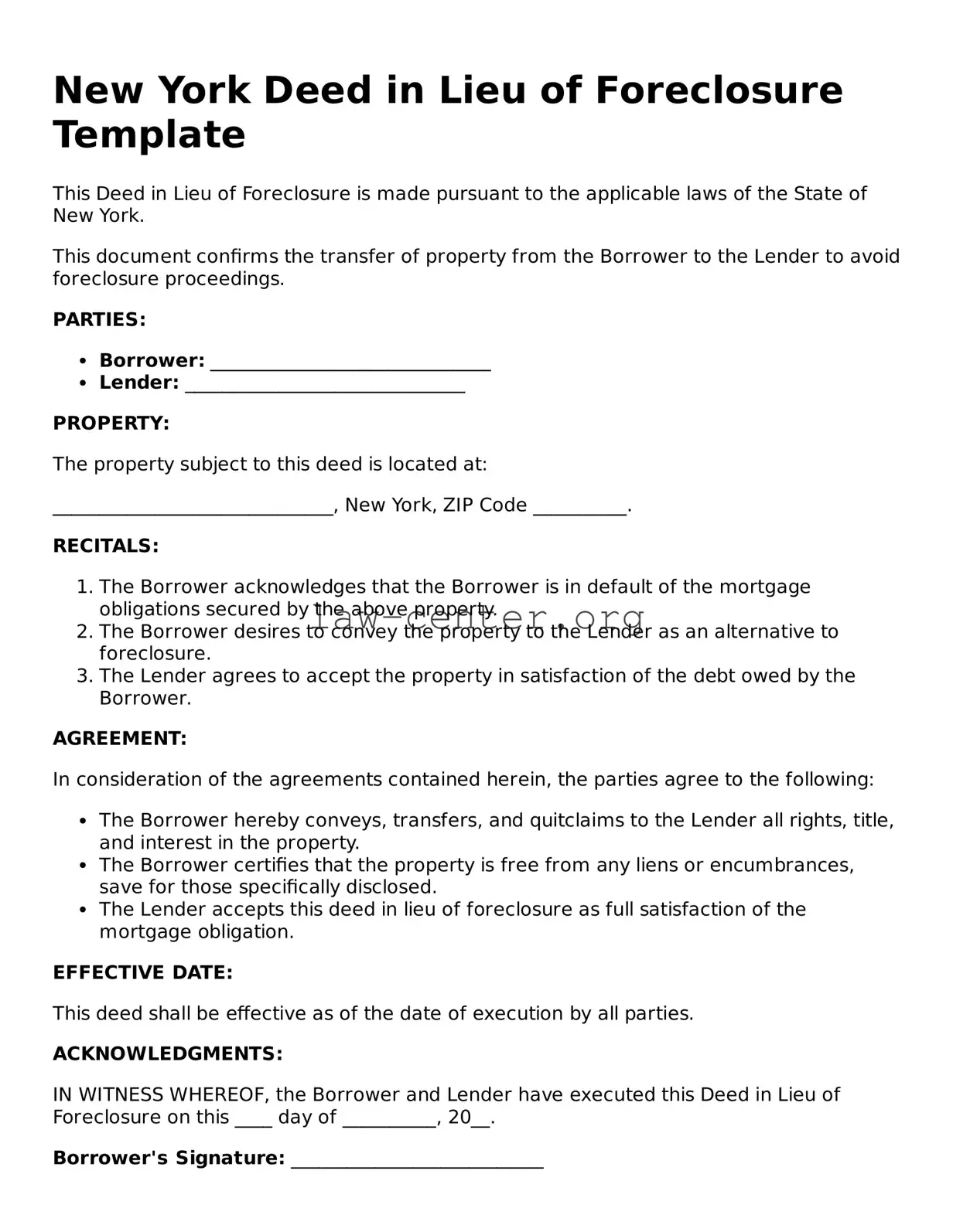 Attorney-Approved New York Deed in Lieu of Foreclosure Document