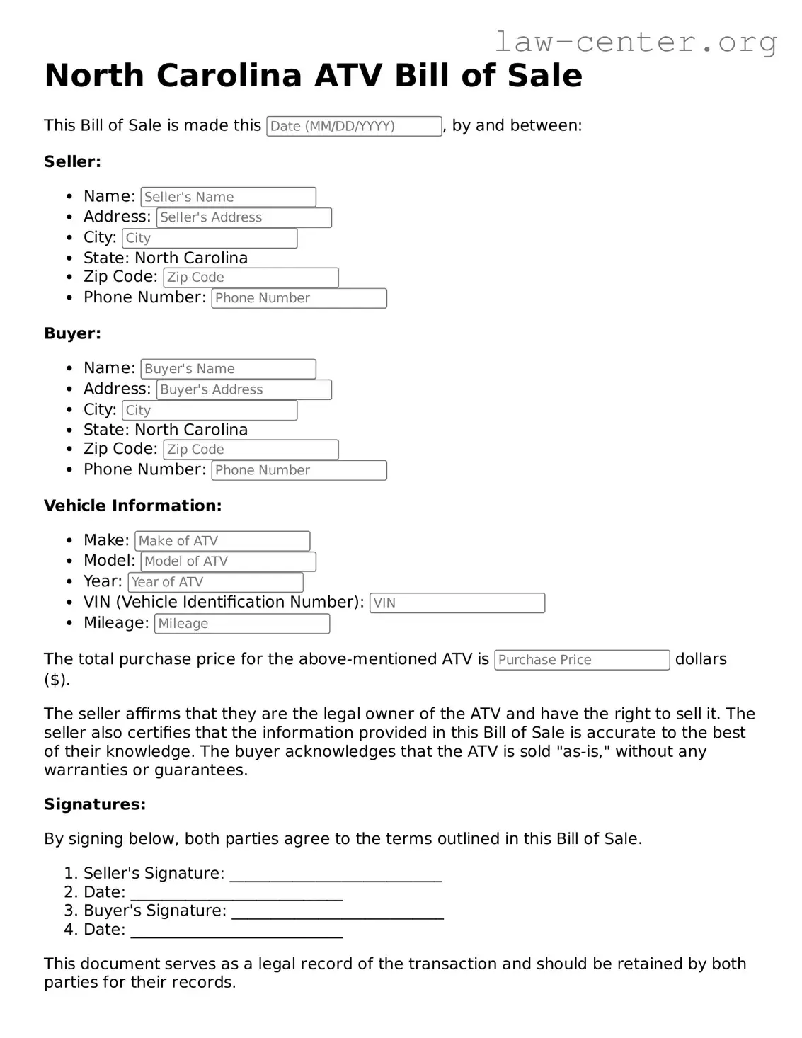 Attorney-Approved North Carolina ATV Bill of Sale Document