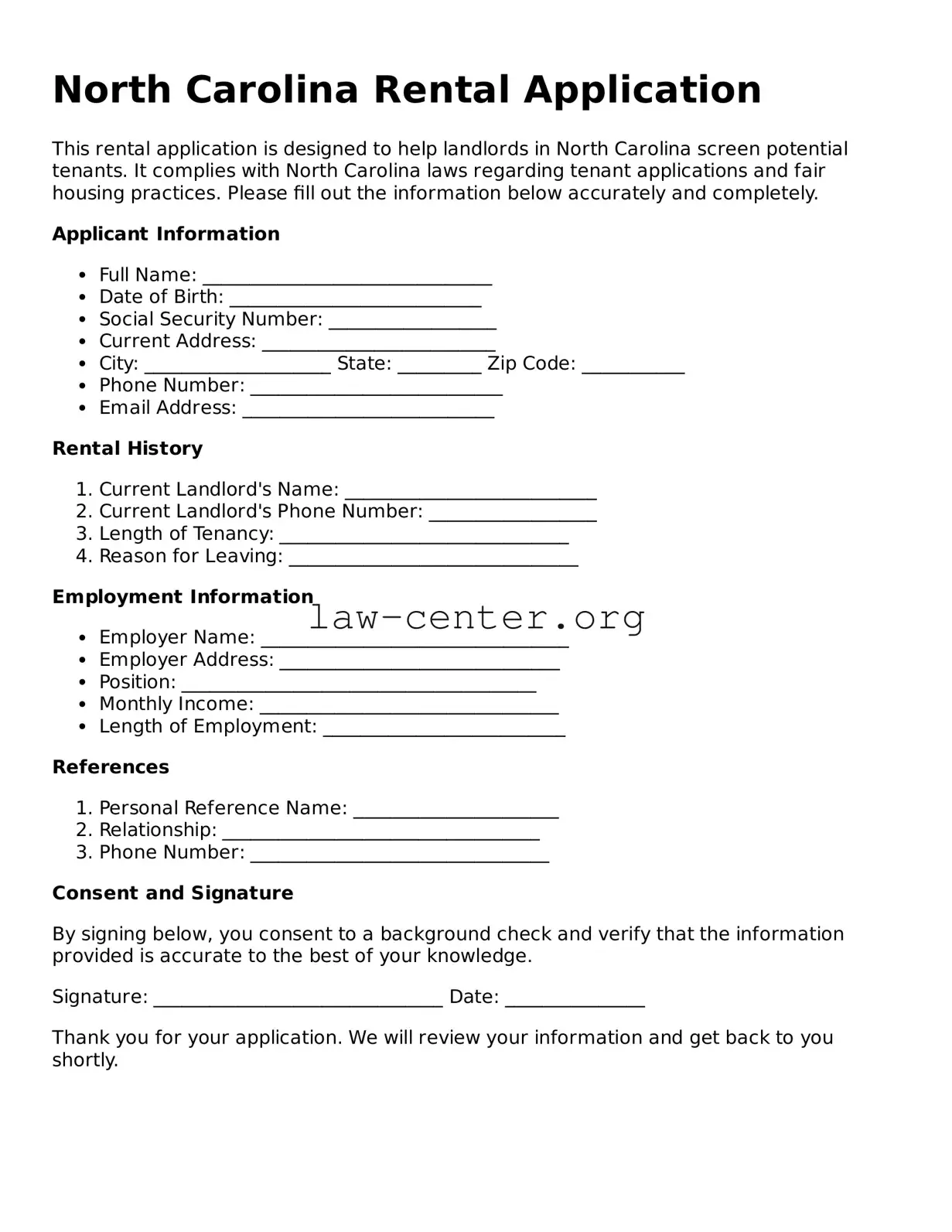 Attorney-Approved North Carolina Rental Application Document