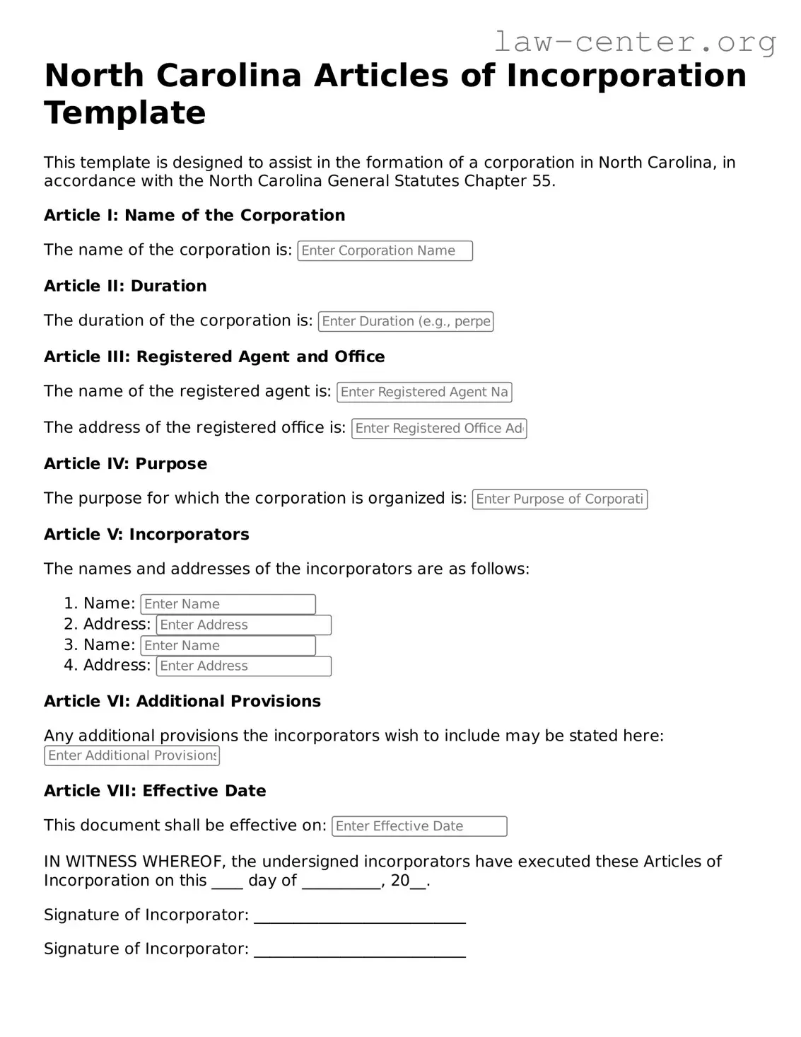 Attorney-Approved North Carolina Articles of Incorporation Document