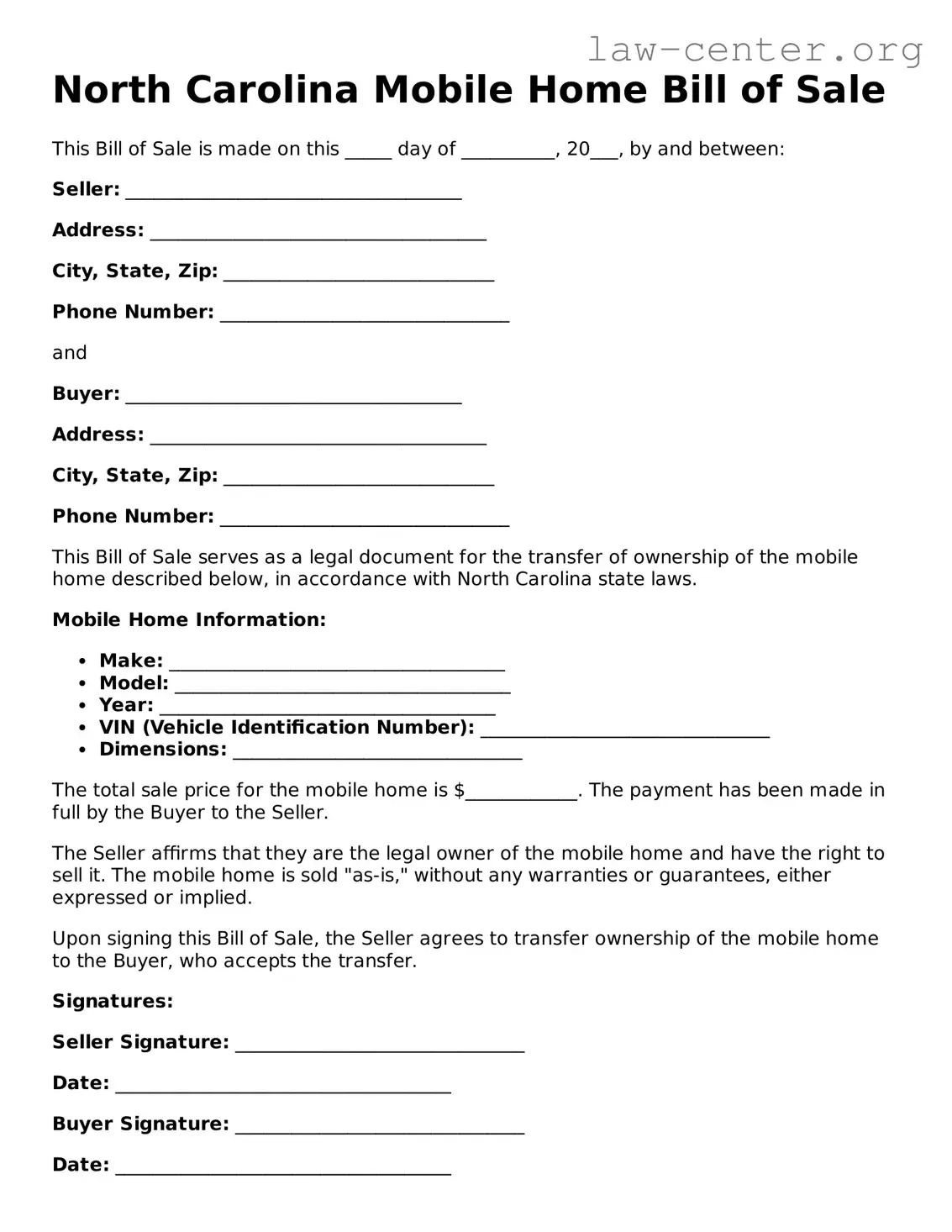 Attorney-Approved North Carolina Mobile Home Bill of Sale Document