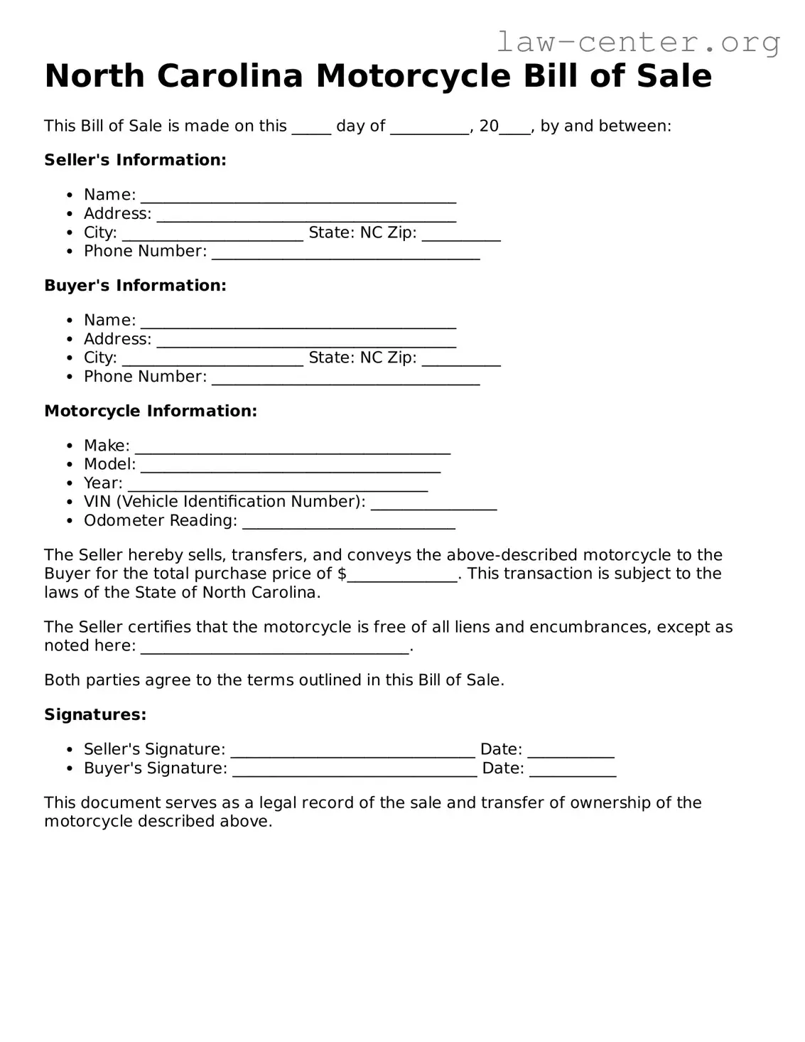 Attorney-Approved North Carolina Motorcycle Bill of Sale Document