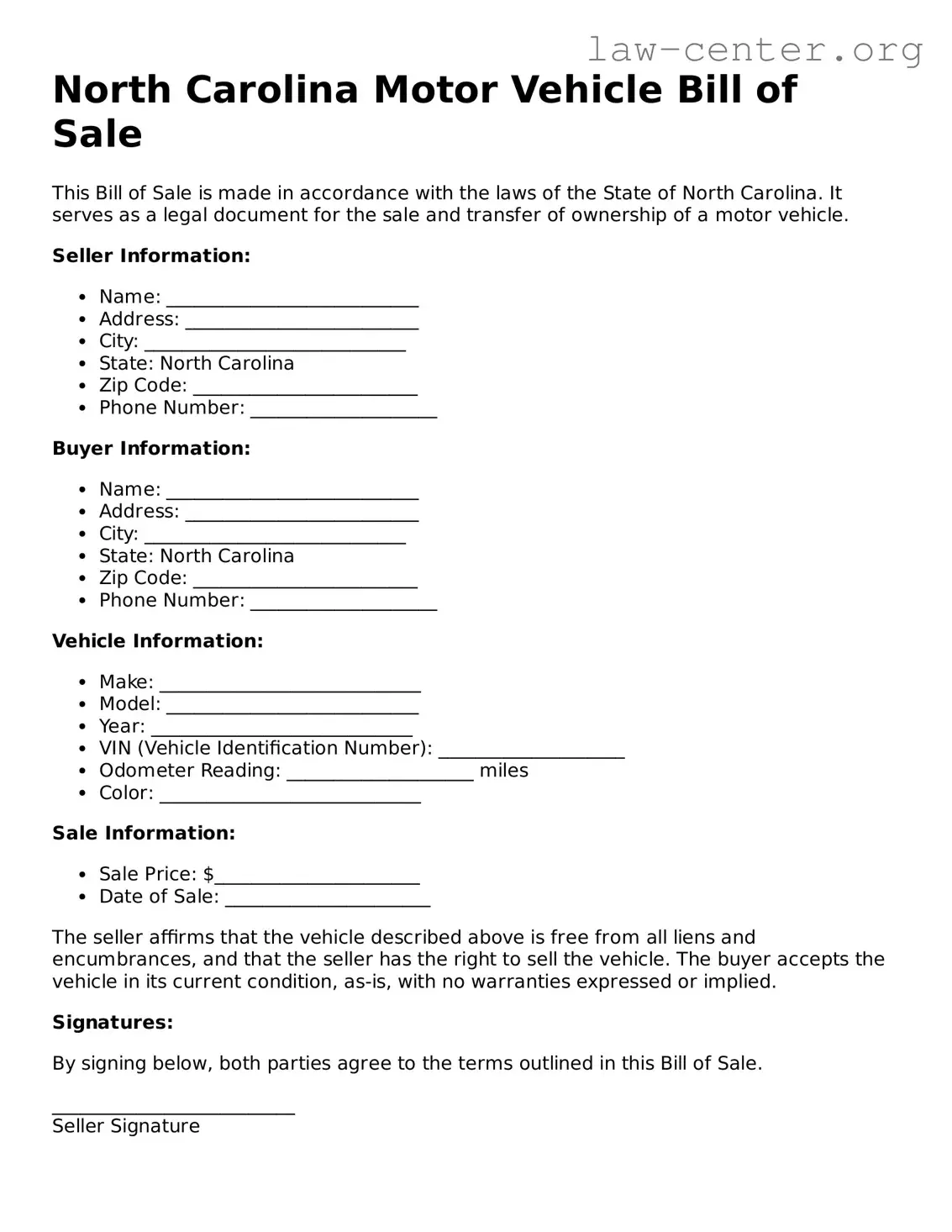 Attorney-Approved North Carolina Motor Vehicle Bill of Sale Document