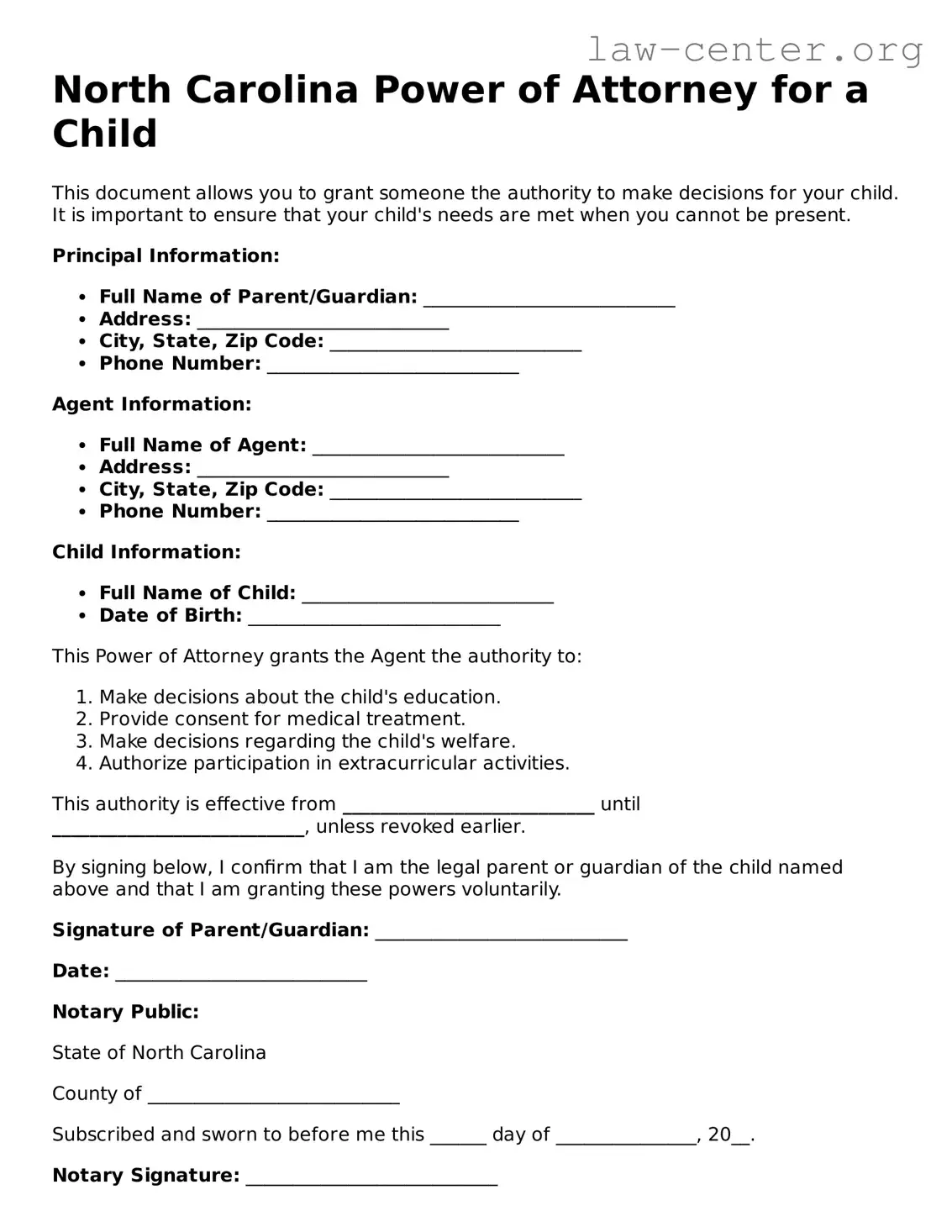 Attorney-Approved North Carolina Power of Attorney for a Child Document