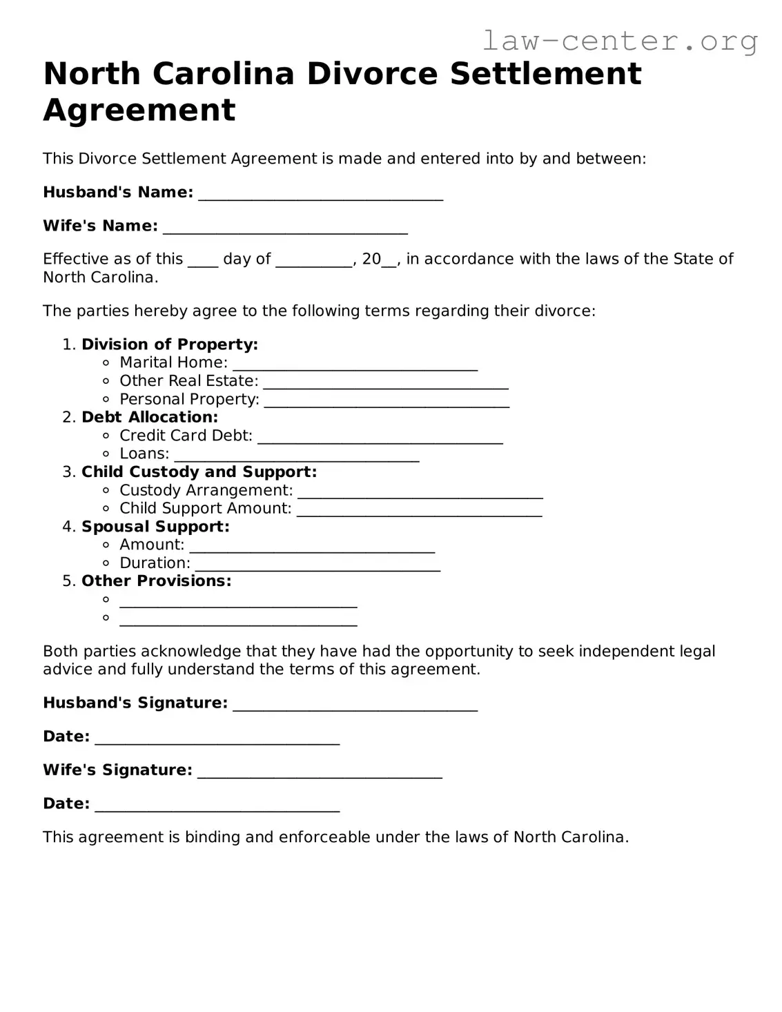 Attorney-Approved North Carolina Divorce Settlement Agreement Document