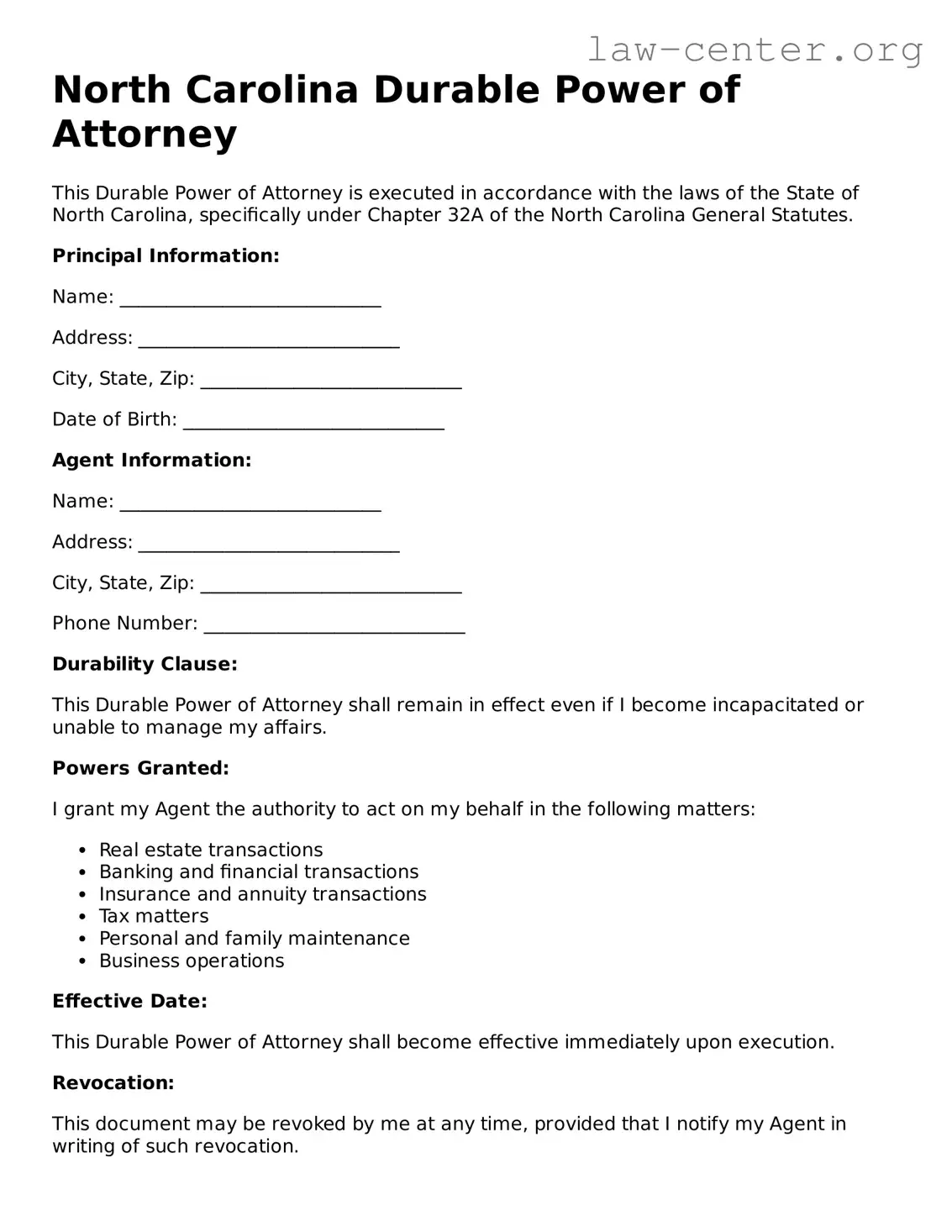 Attorney-Approved North Carolina Durable Power of Attorney Document