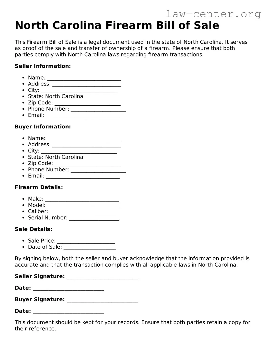 Attorney-Approved North Carolina Firearm Bill of Sale Document