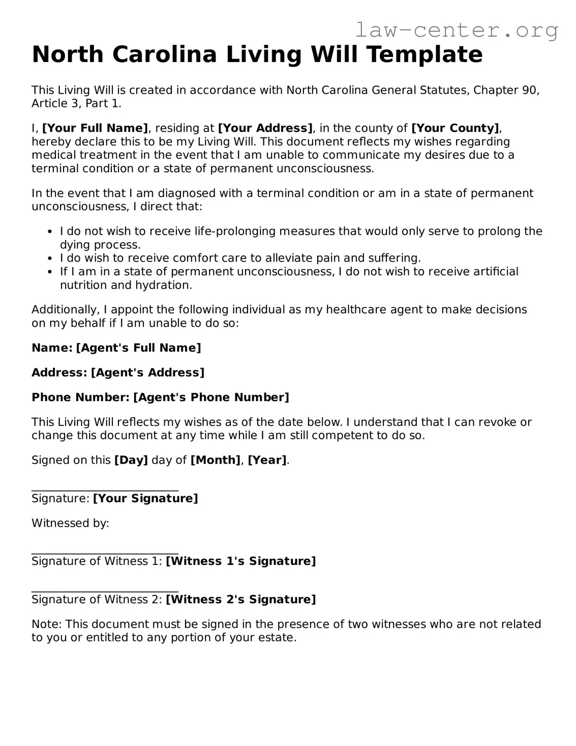 Attorney-Approved North Carolina Living Will Document