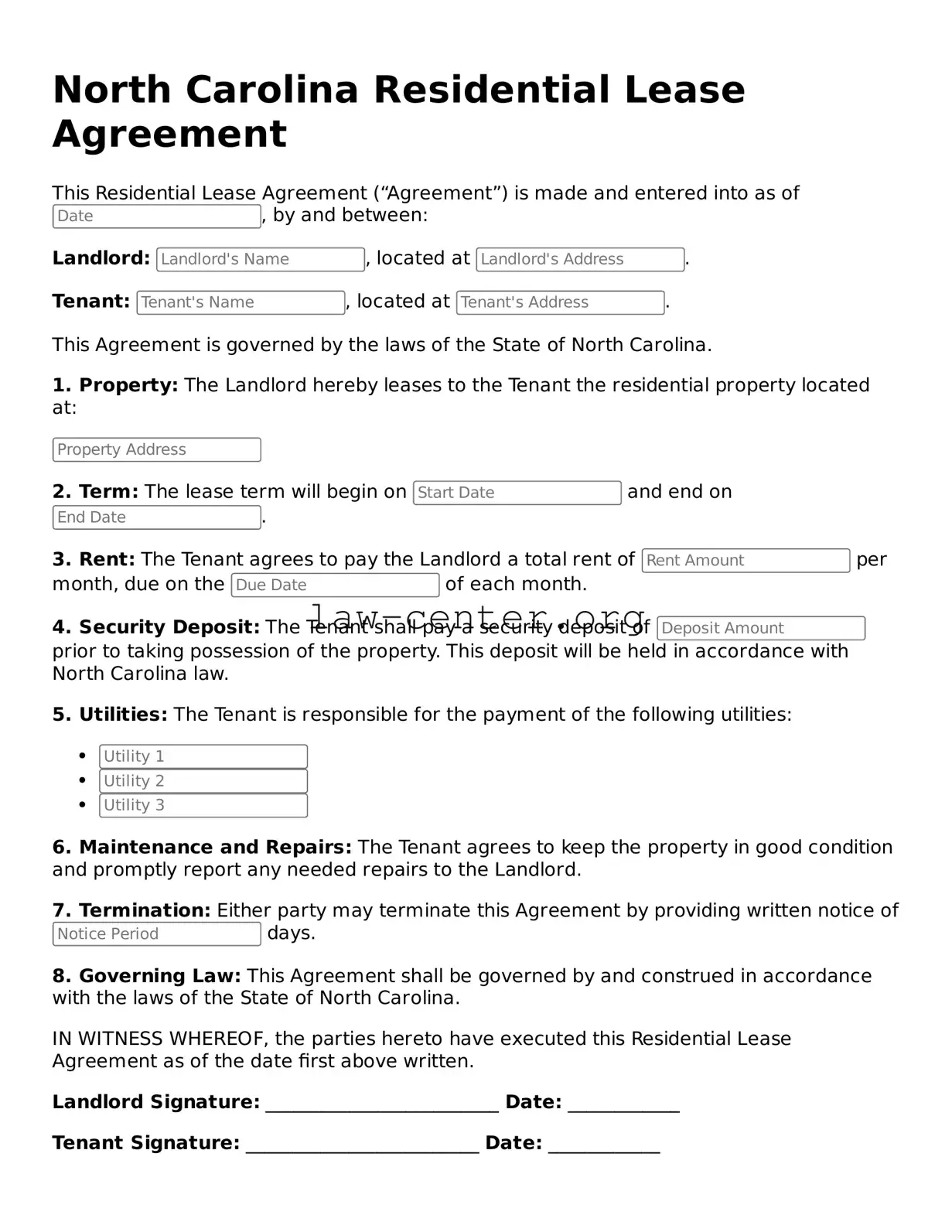 Attorney-Approved North Carolina Residential Lease Agreement Document