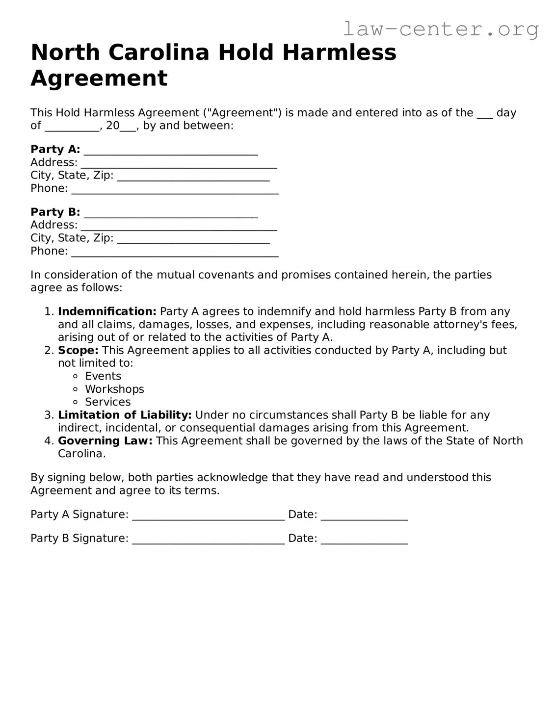 Attorney-Approved North Carolina Hold Harmless Agreement Document