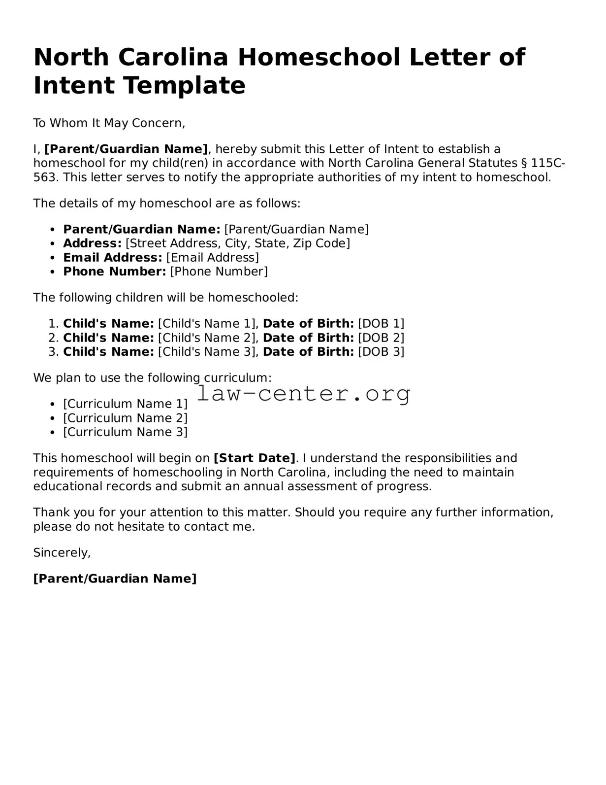 Attorney-Approved North Carolina Homeschool Letter of Intent Document