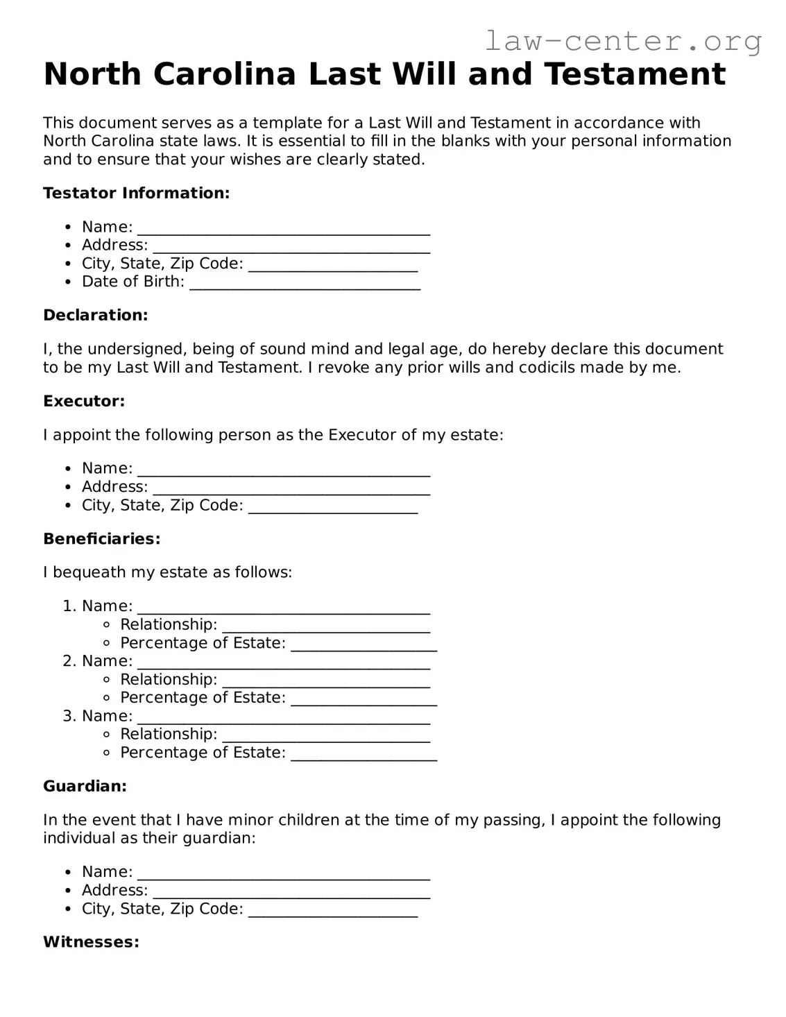 Attorney-Approved North Carolina Last Will and Testament Document