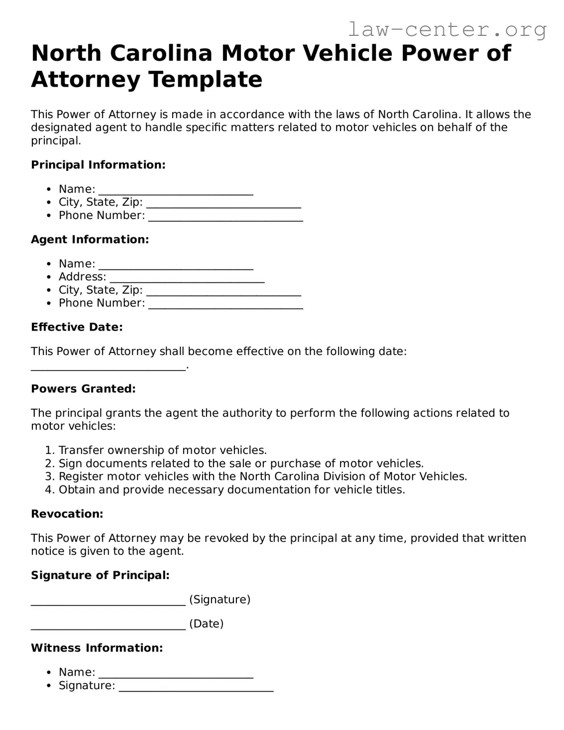 Attorney-Approved North Carolina Motor Vehicle Power of Attorney Document