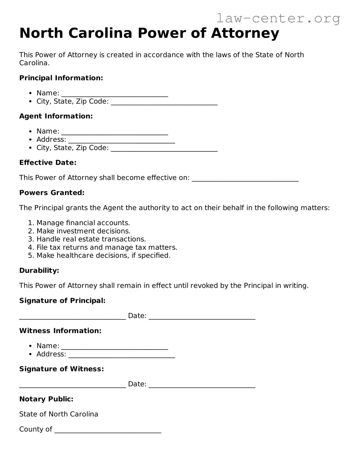 Attorney-Approved North Carolina Power of Attorney Document