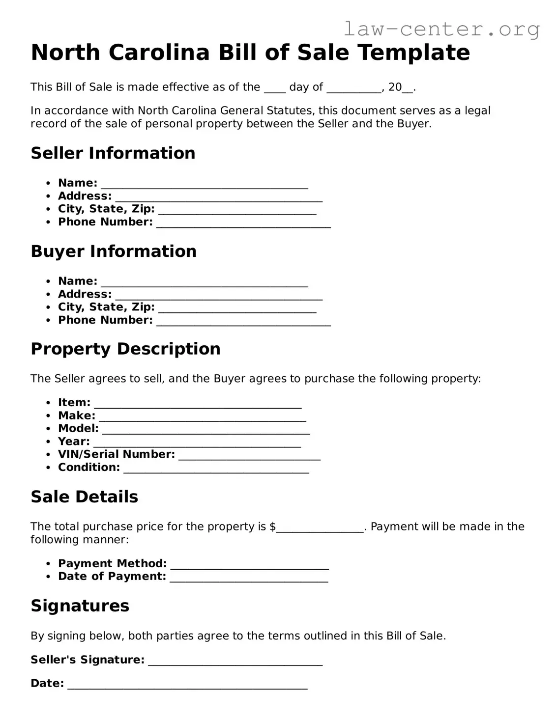 Attorney-Approved North Carolina Bill of Sale Document