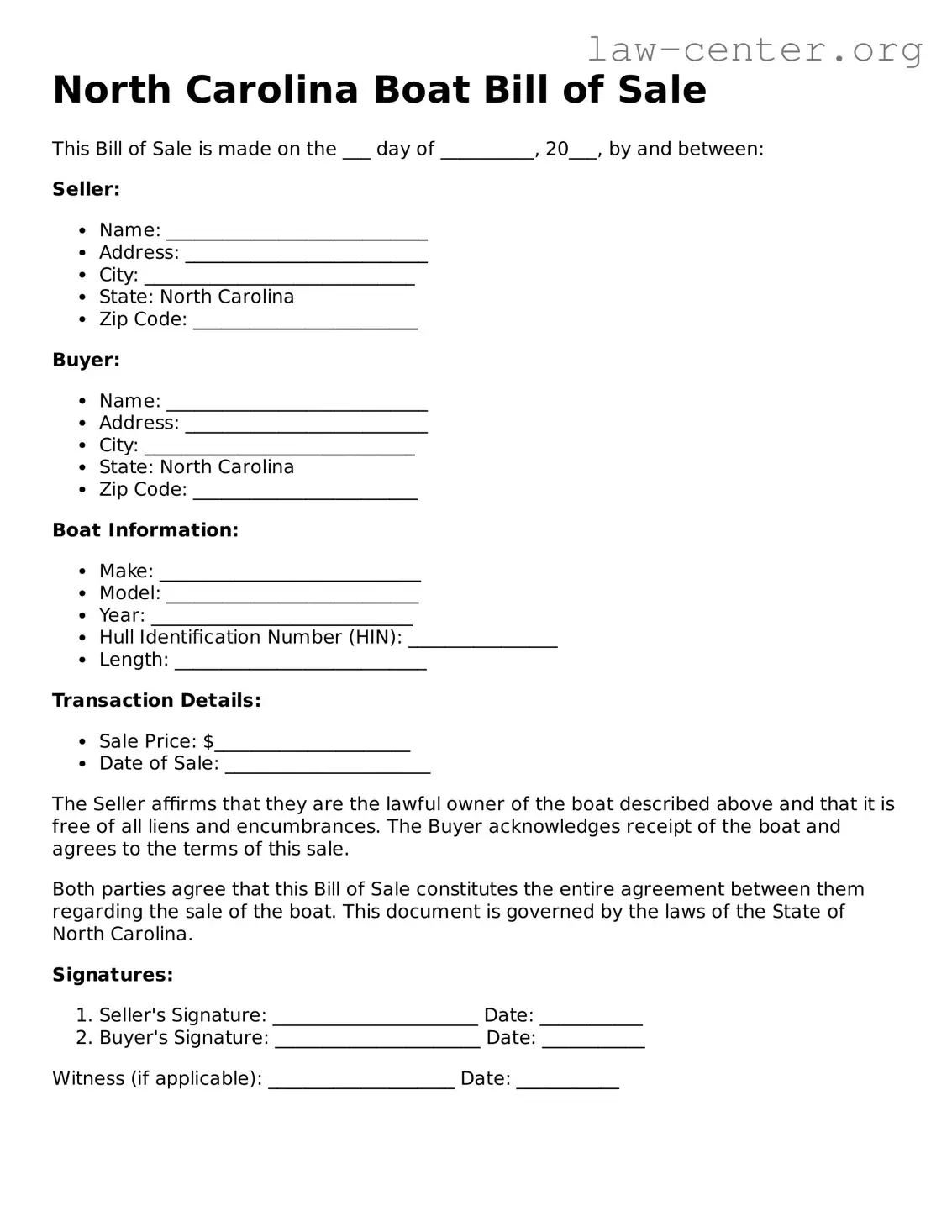 Attorney-Approved North Carolina Boat Bill of Sale Document
