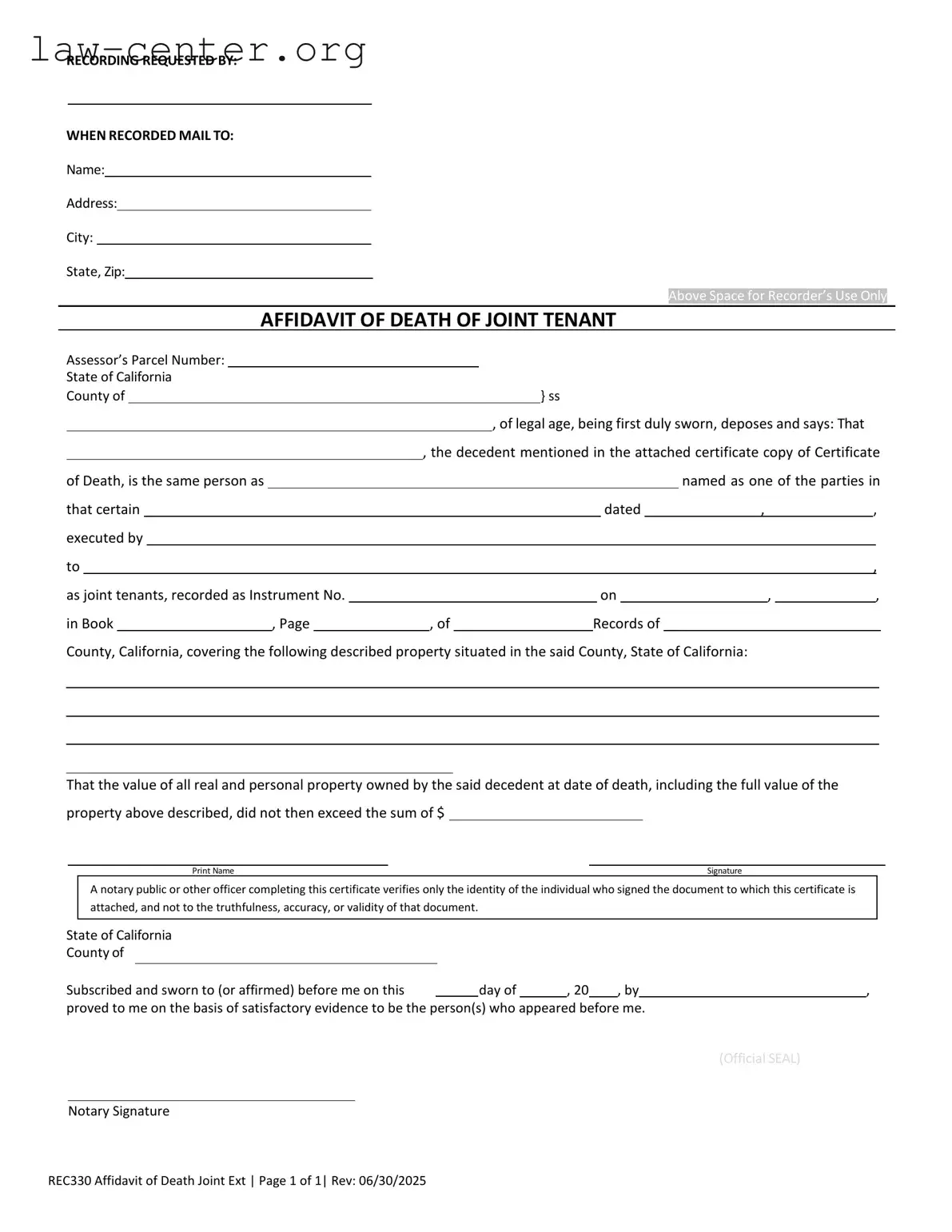 Get California Death of a Joint Tenant Affidavit Form