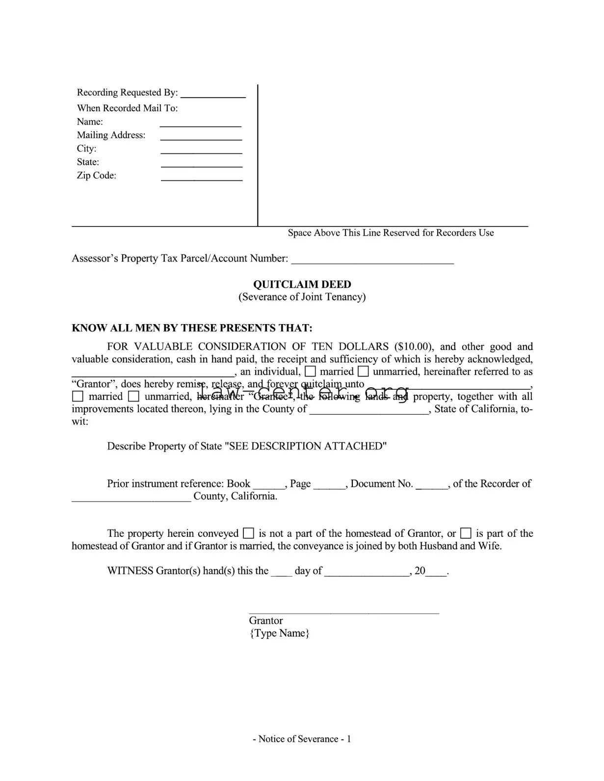 Get Notice Of Severance Of Joint Tenancy California Divorce Form