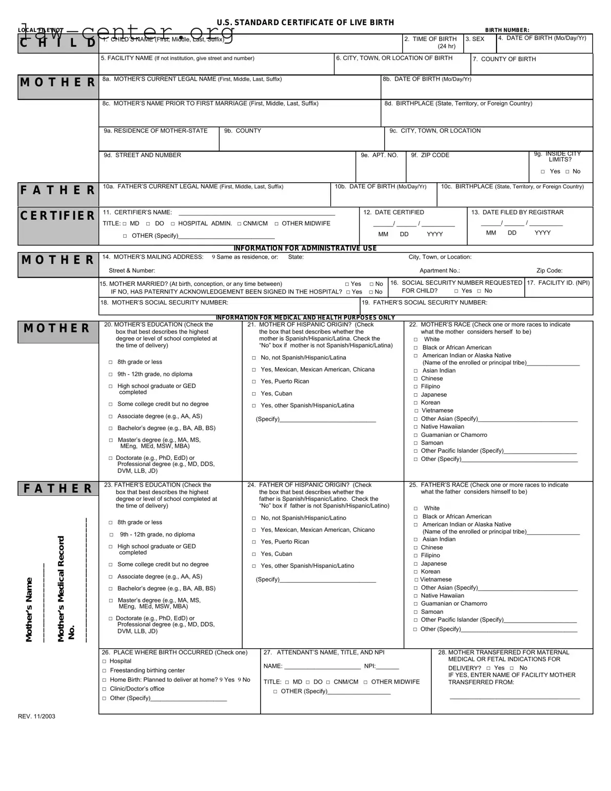 Get CDC U.S. Standard Certificate of Live Birth Form