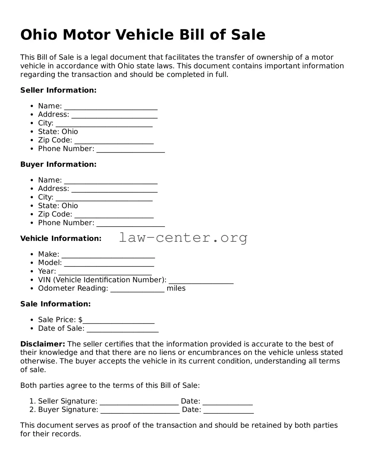 Attorney-Approved Ohio Motor Vehicle Bill of Sale Document