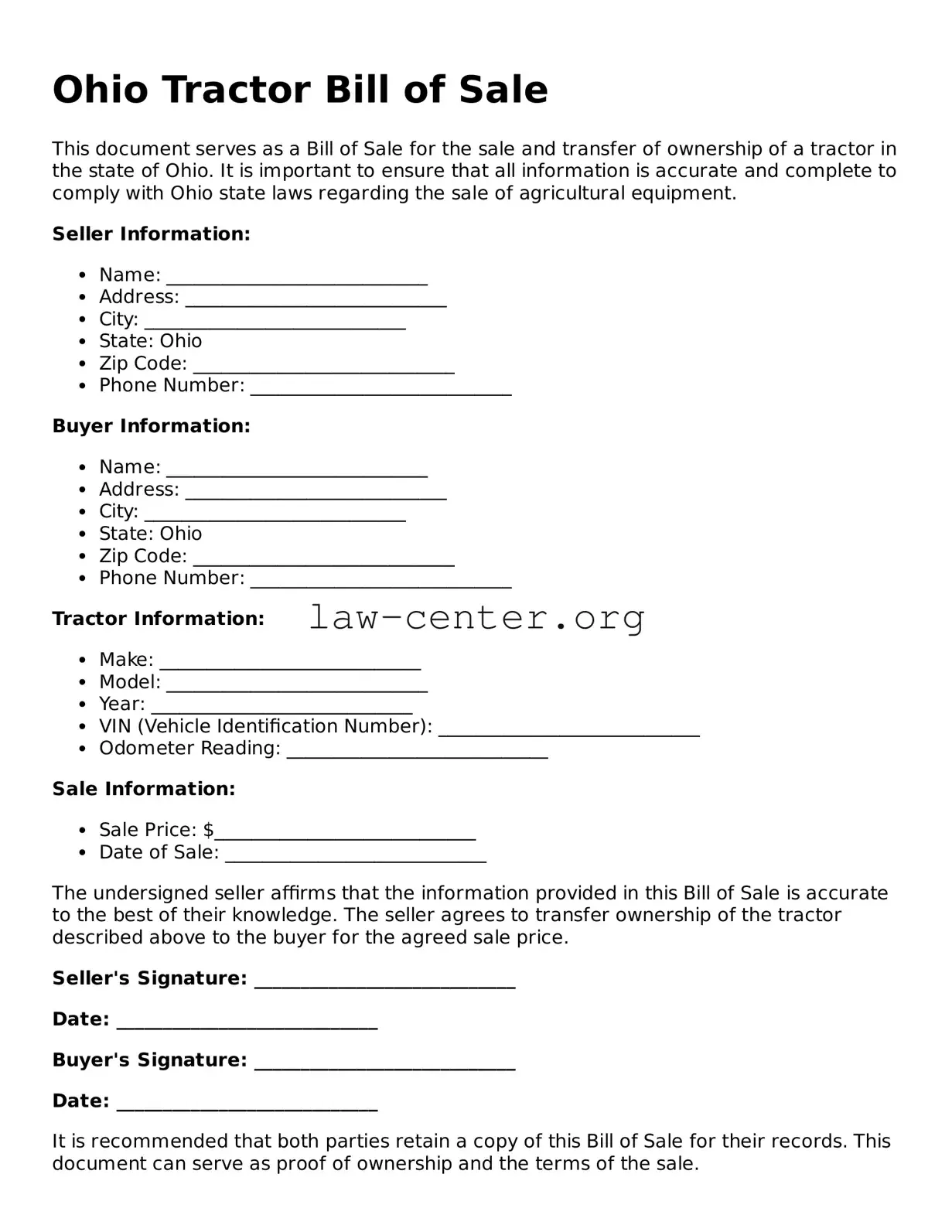 Attorney-Approved Ohio Tractor Bill of Sale Document