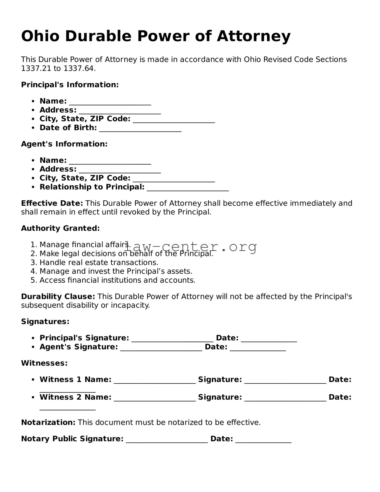 Attorney-Approved Ohio Durable Power of Attorney Document