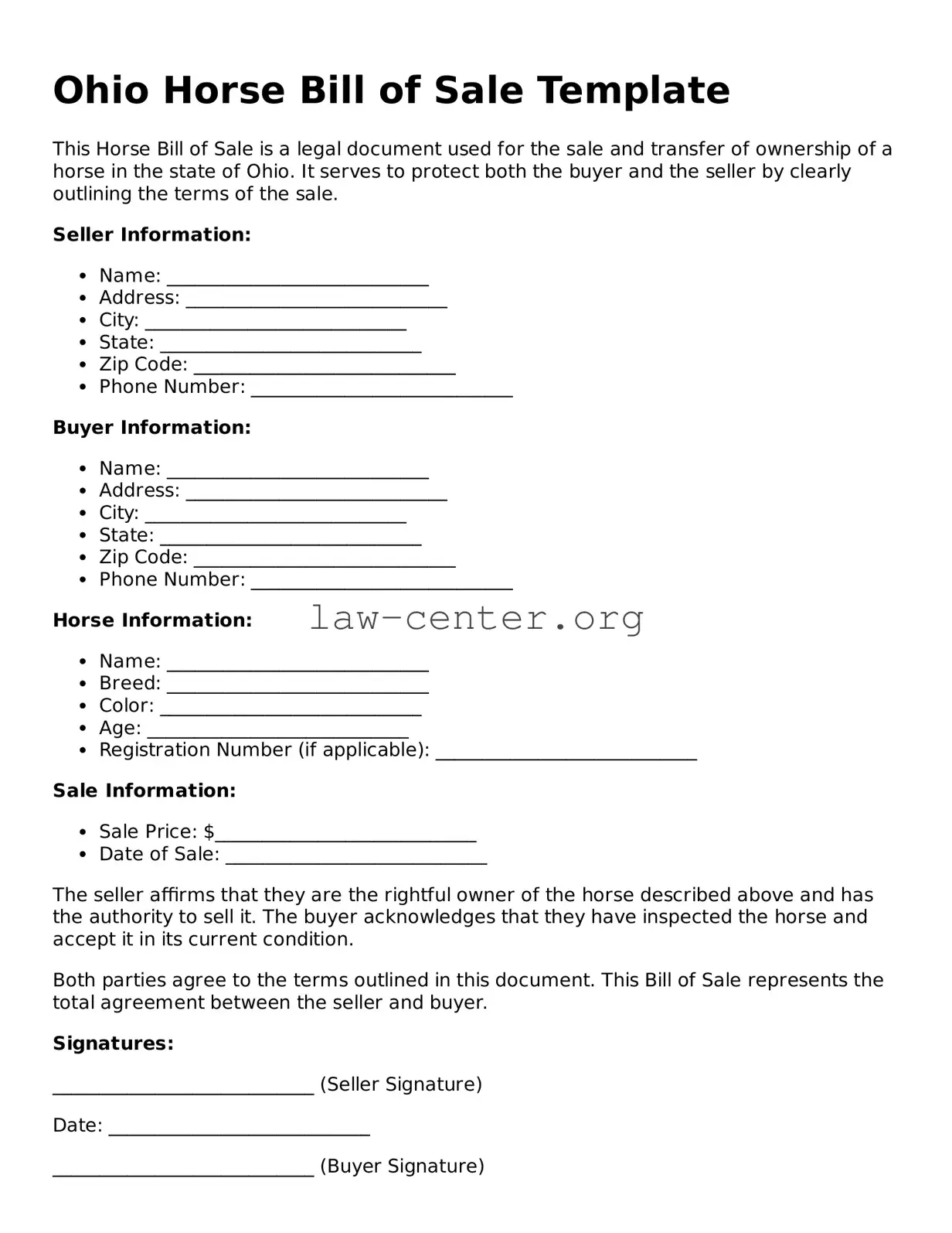 Attorney-Approved Ohio Horse Bill of Sale Document
