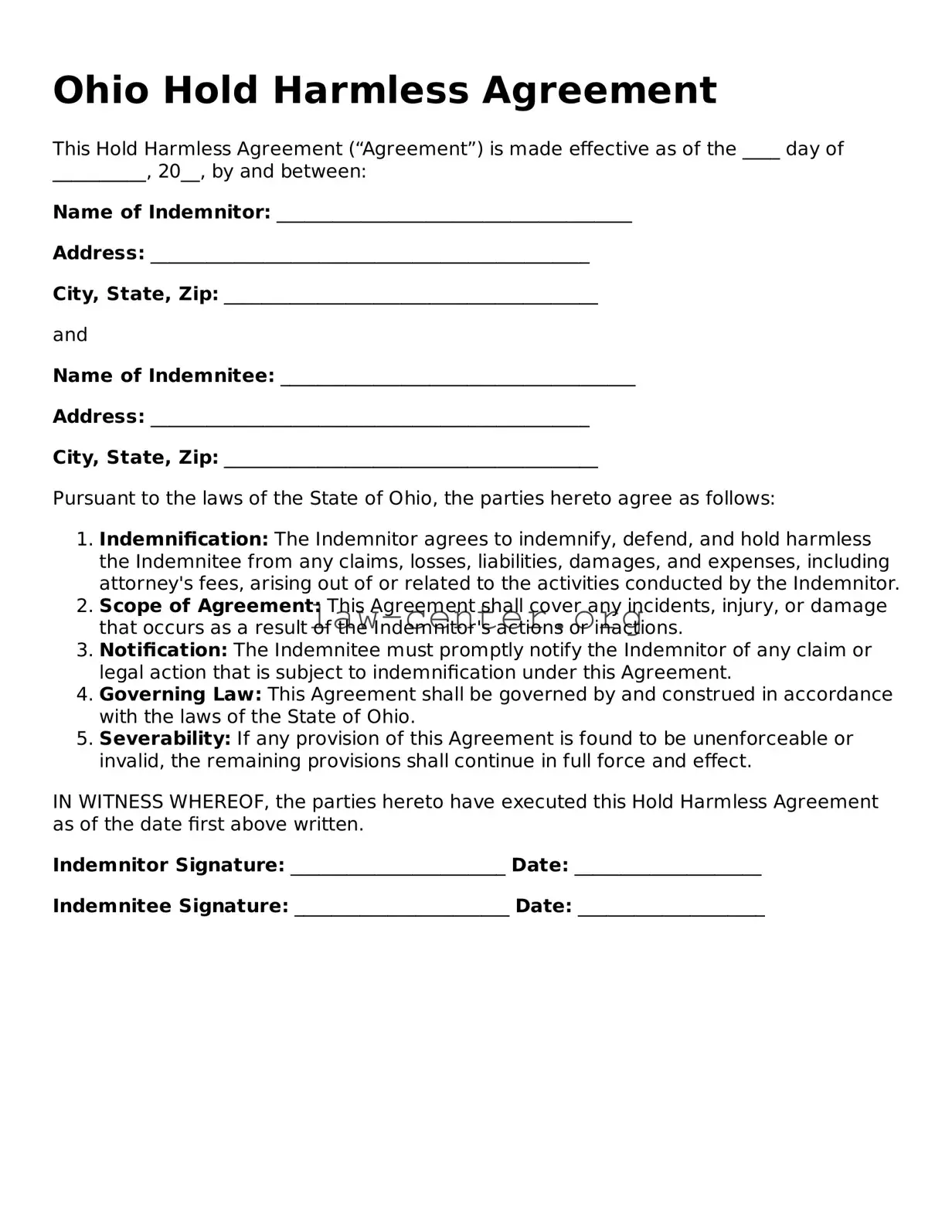 Attorney-Approved Ohio Hold Harmless Agreement Document