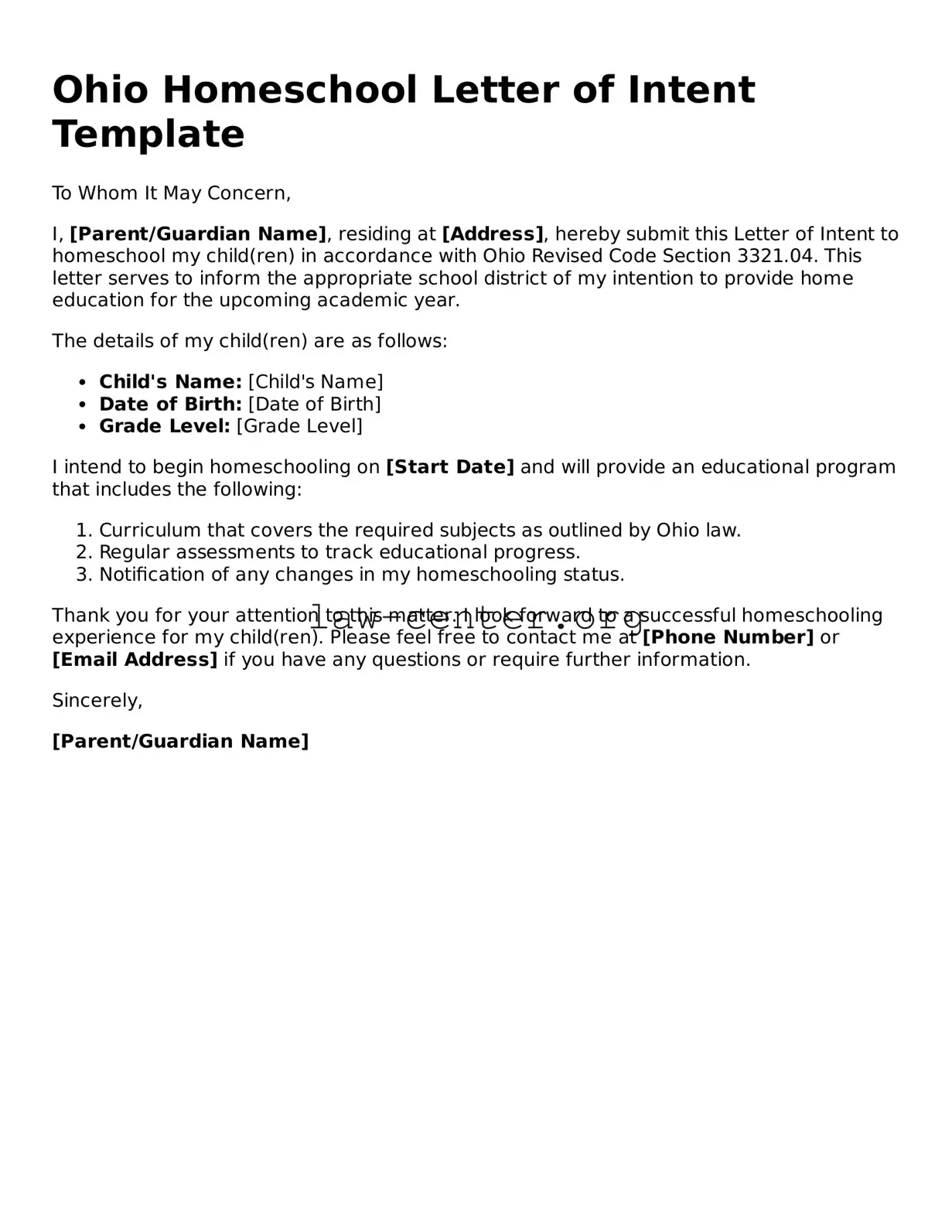 Attorney-Approved Ohio Homeschool Letter of Intent Document