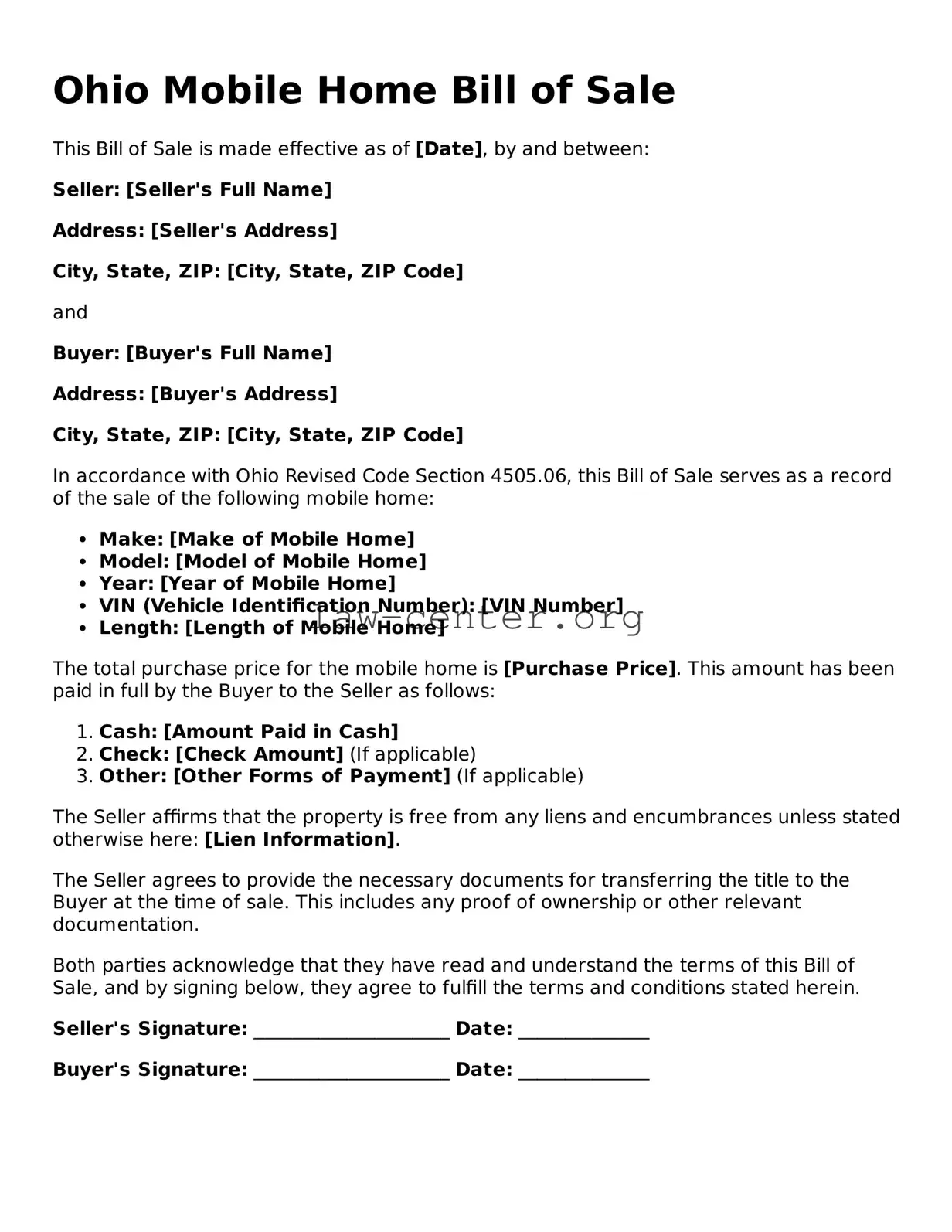 Attorney-Approved Ohio Mobile Home Bill of Sale Document