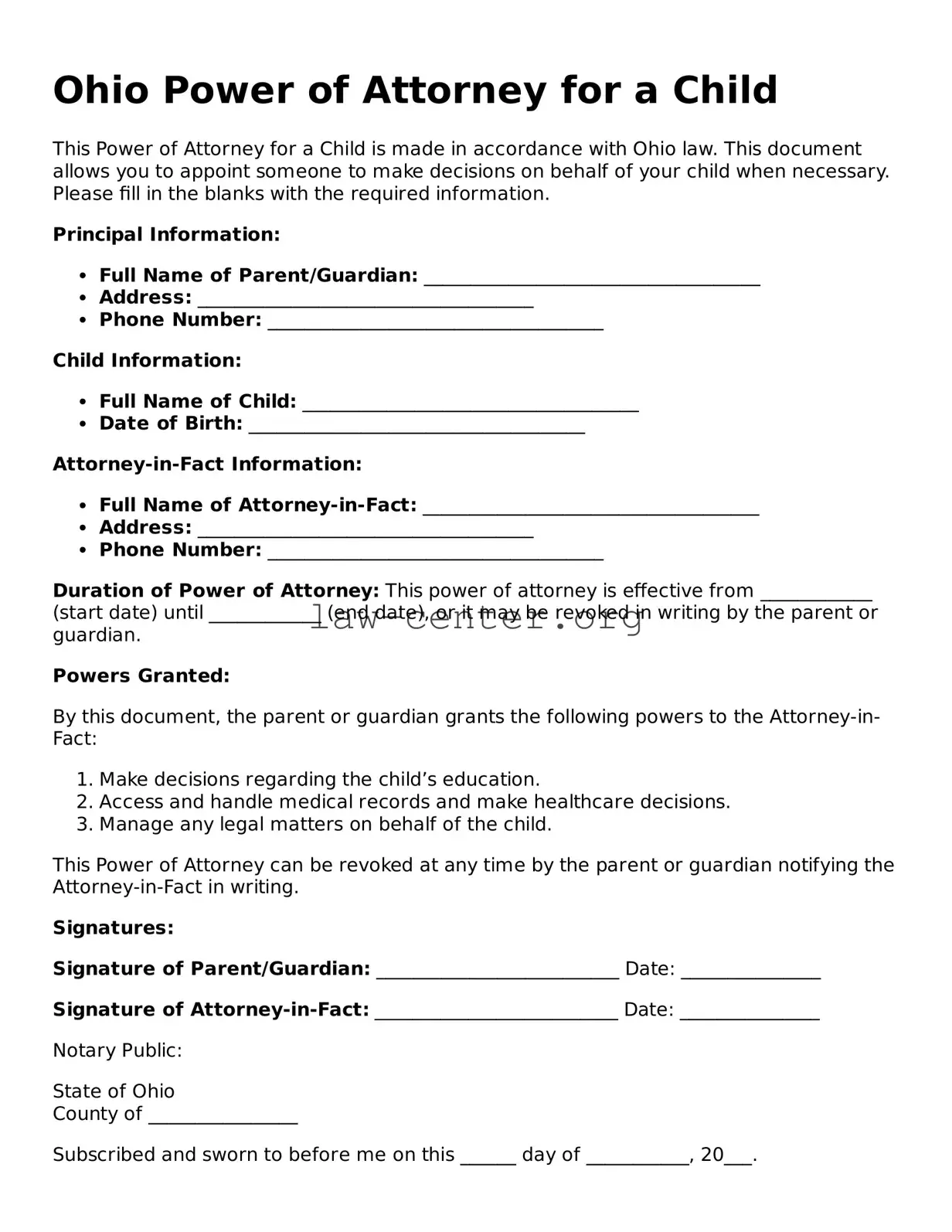 Attorney-Approved Ohio Power of Attorney for a Child Document