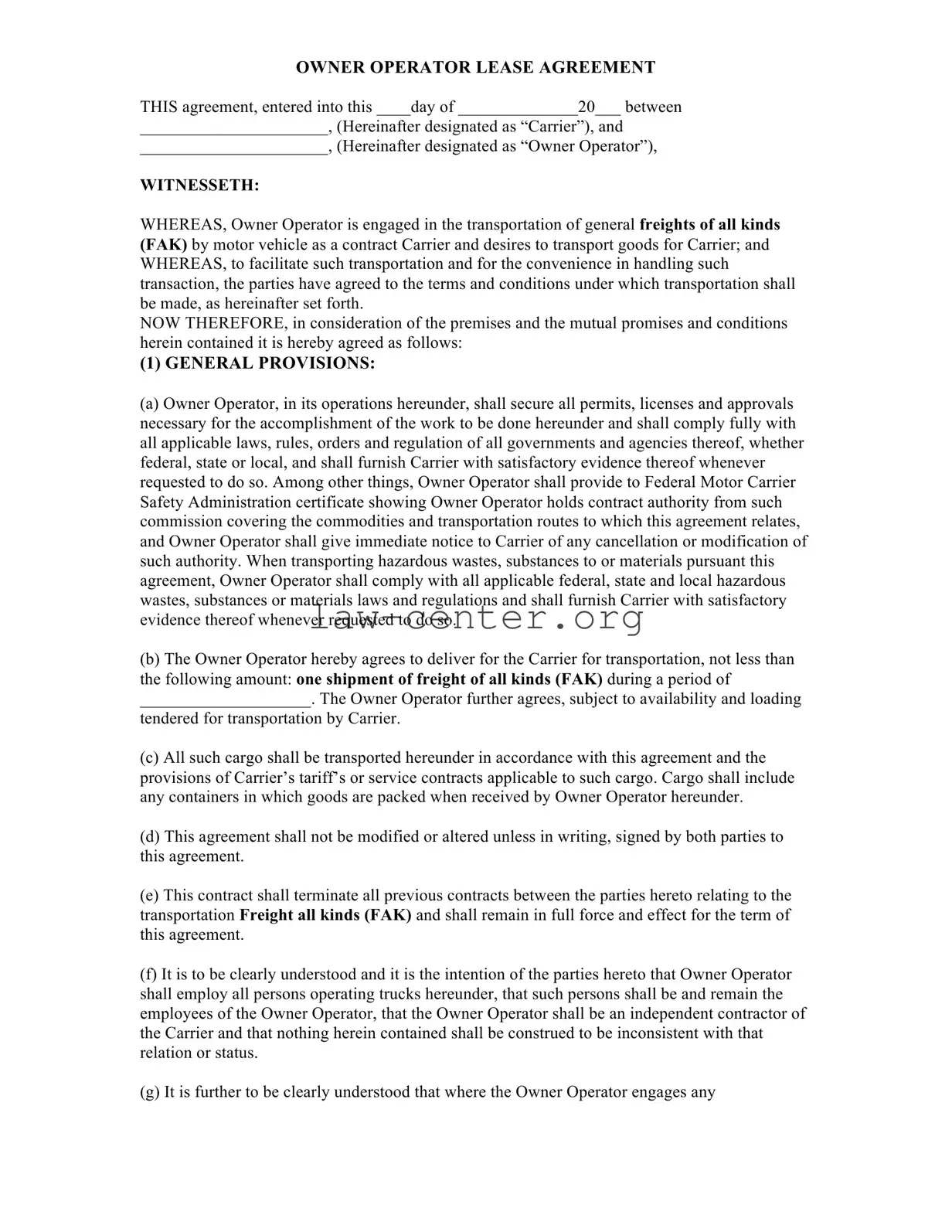 Get Owner Operator Lease Agreement Form