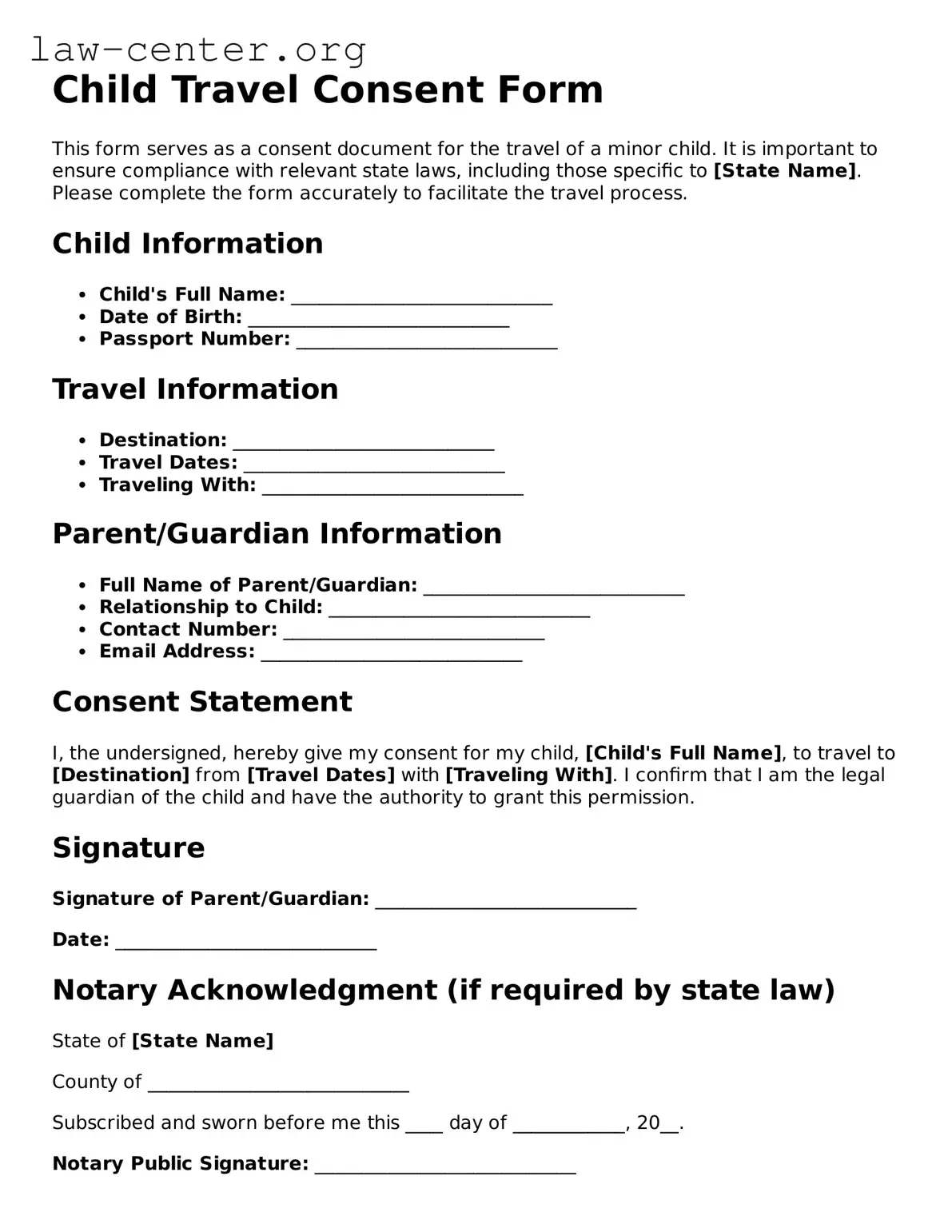 Free Child Travel Consent Form Template