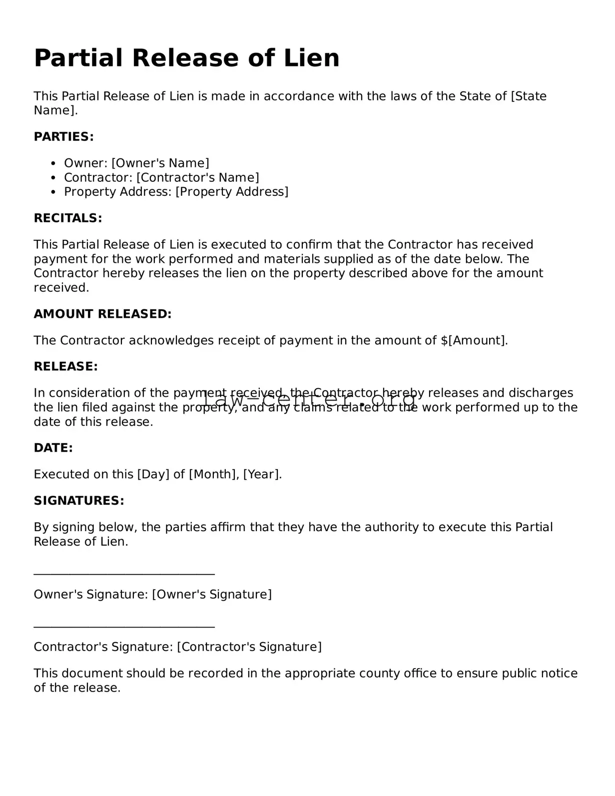 Free Partial Release of Lien Template