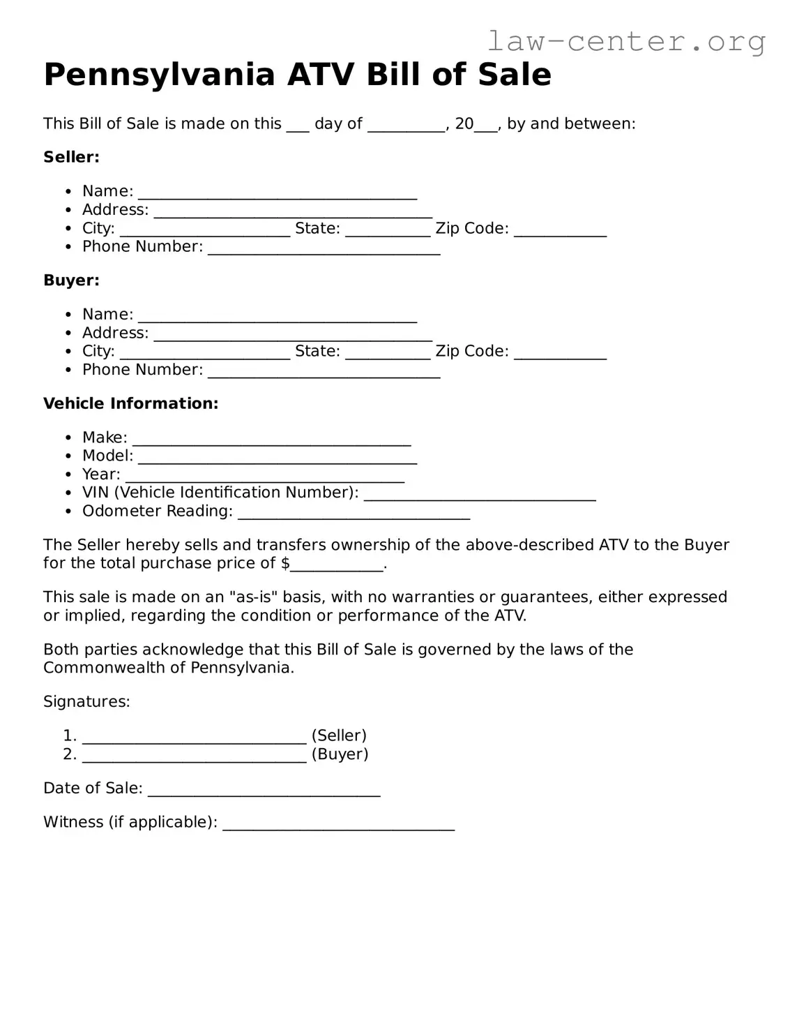 Attorney-Approved Pennsylvania ATV Bill of Sale Document
