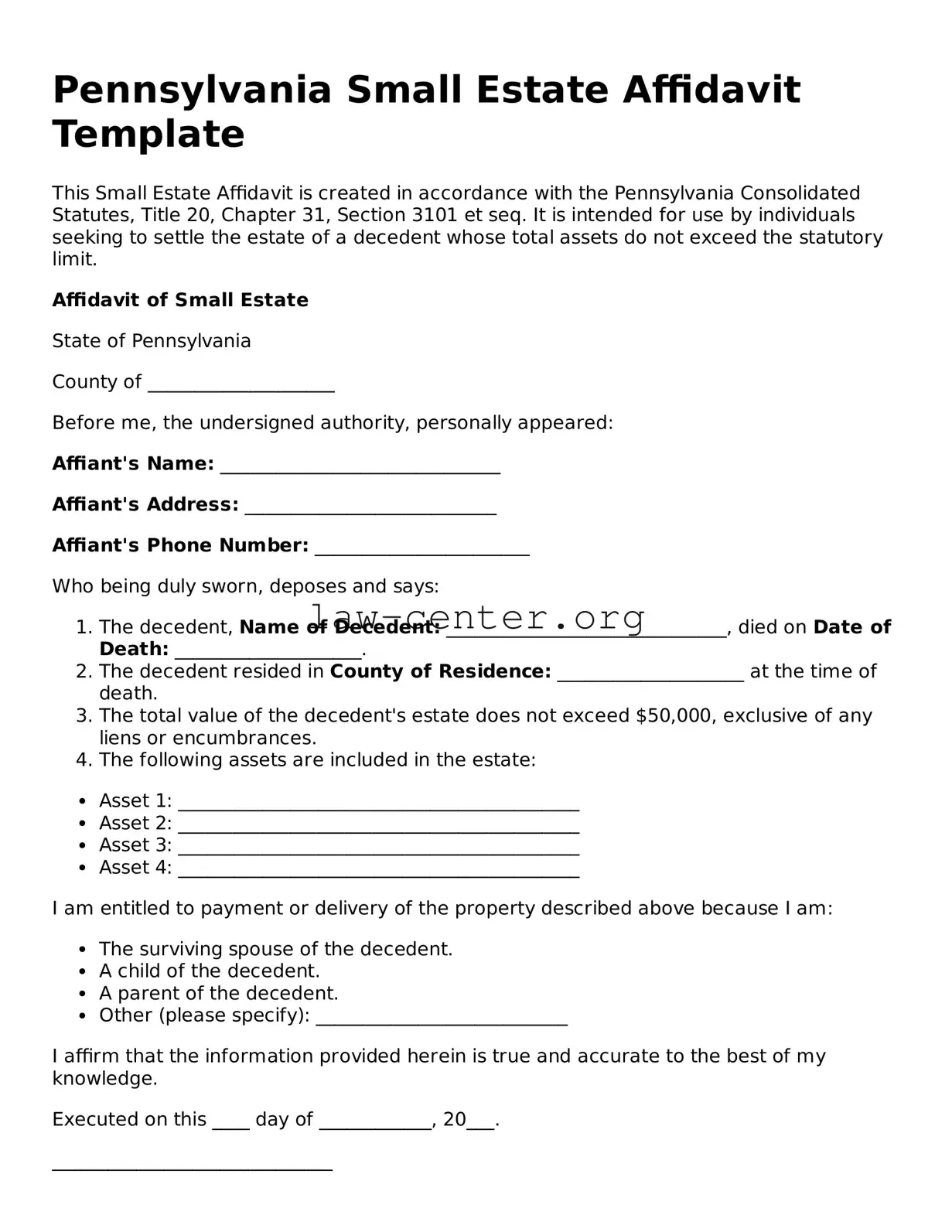 Attorney-Approved Pennsylvania Small Estate Affidavit Document